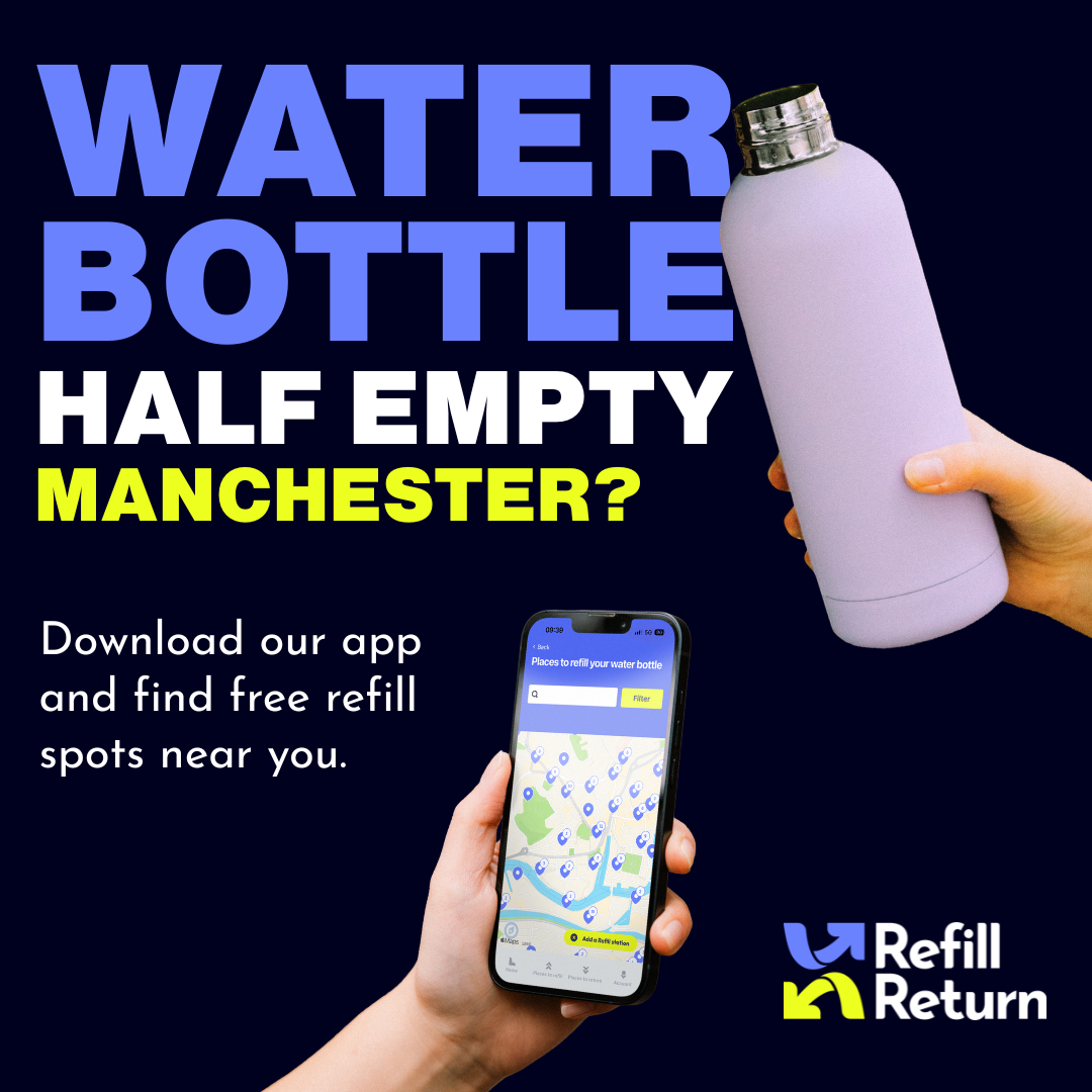 A promotional graphic showing a half-empty water bottle in a hand, with a smartphone displaying a refill app, and text encouraging people to find free refill spots in Manchester.