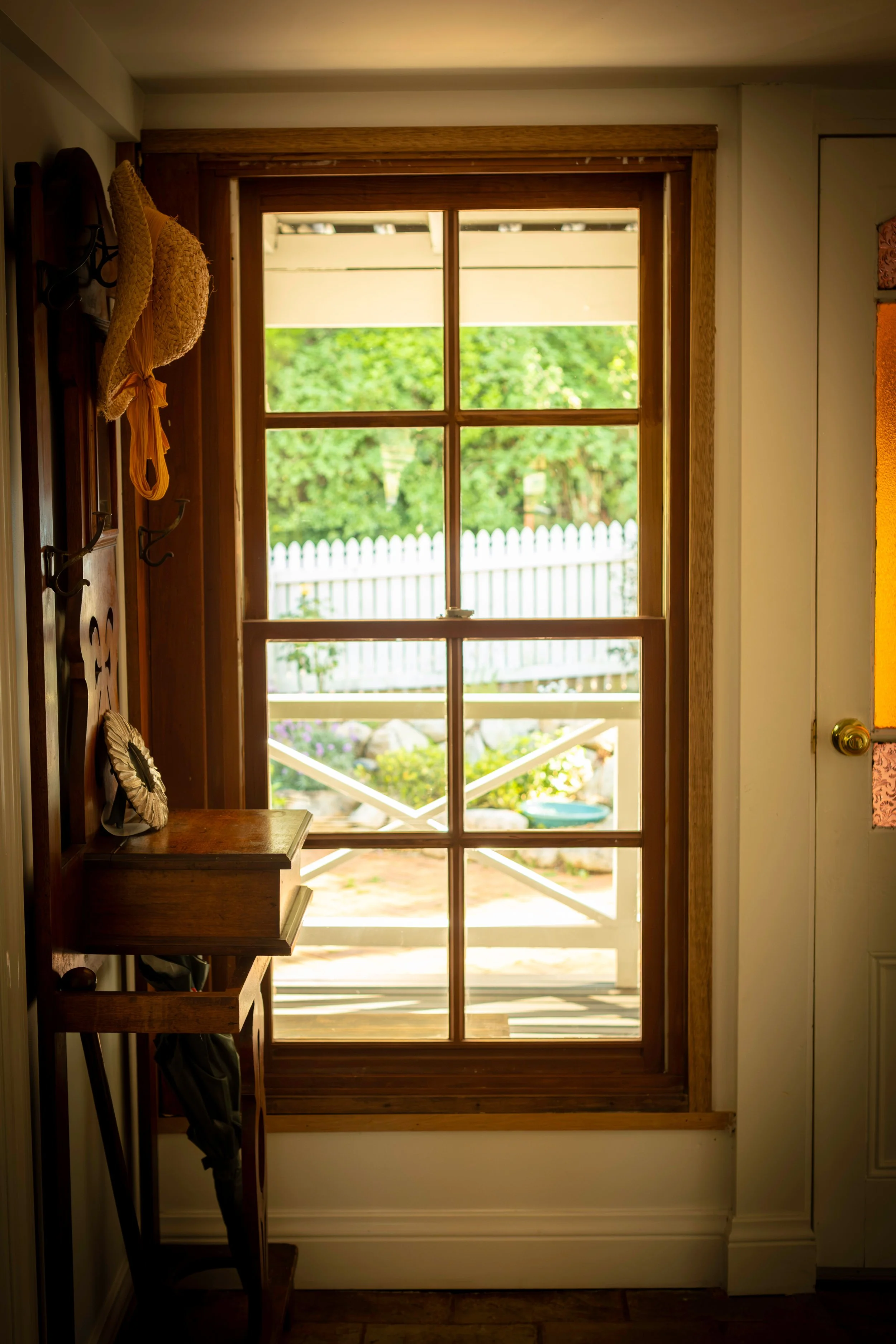 Interior view of a front door with a glass window, showing a backyard with a white picket fence, greenery, and a patio outside.
