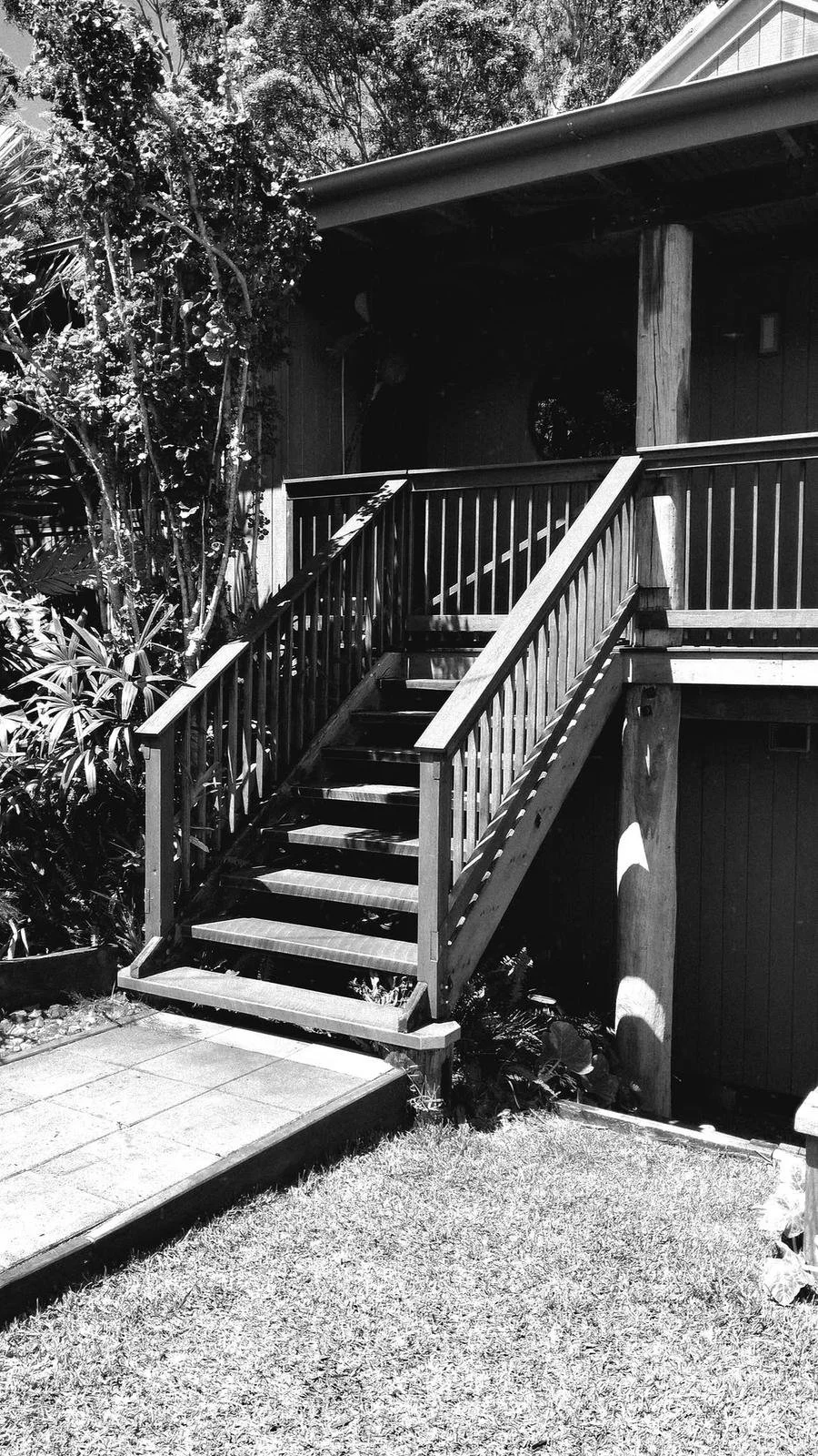 Wooden outdoor staircase leading to a covered porch, with plants and trees in a garden setting, in black and white.