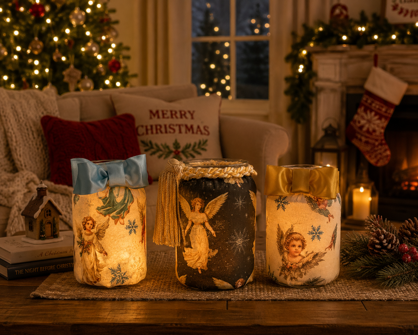 Decorative Christmas candle holders with angel images and ribbons on a wooden table in a festive living room, illuminated by Christmas lights in the background.
