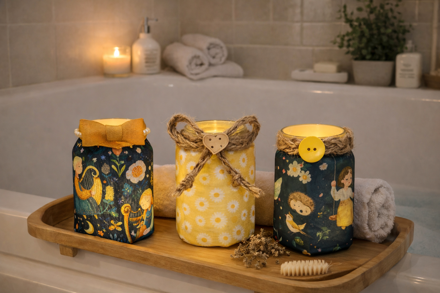 Decorative candles with fairy tale illustrations on the jars, placed on a wooden tray in a bathroom setting with towels and toiletries in the background.