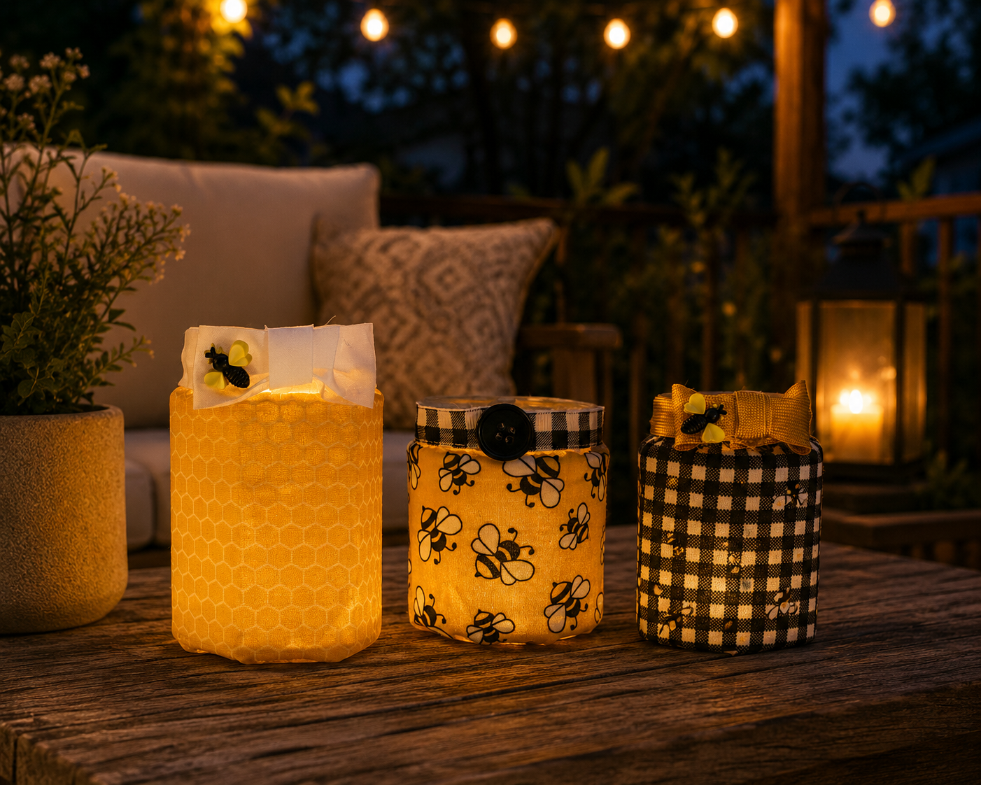 Three decorative lanterns with string lights hanging above on a porch at night, with a candle in a lantern and cushions in the background.