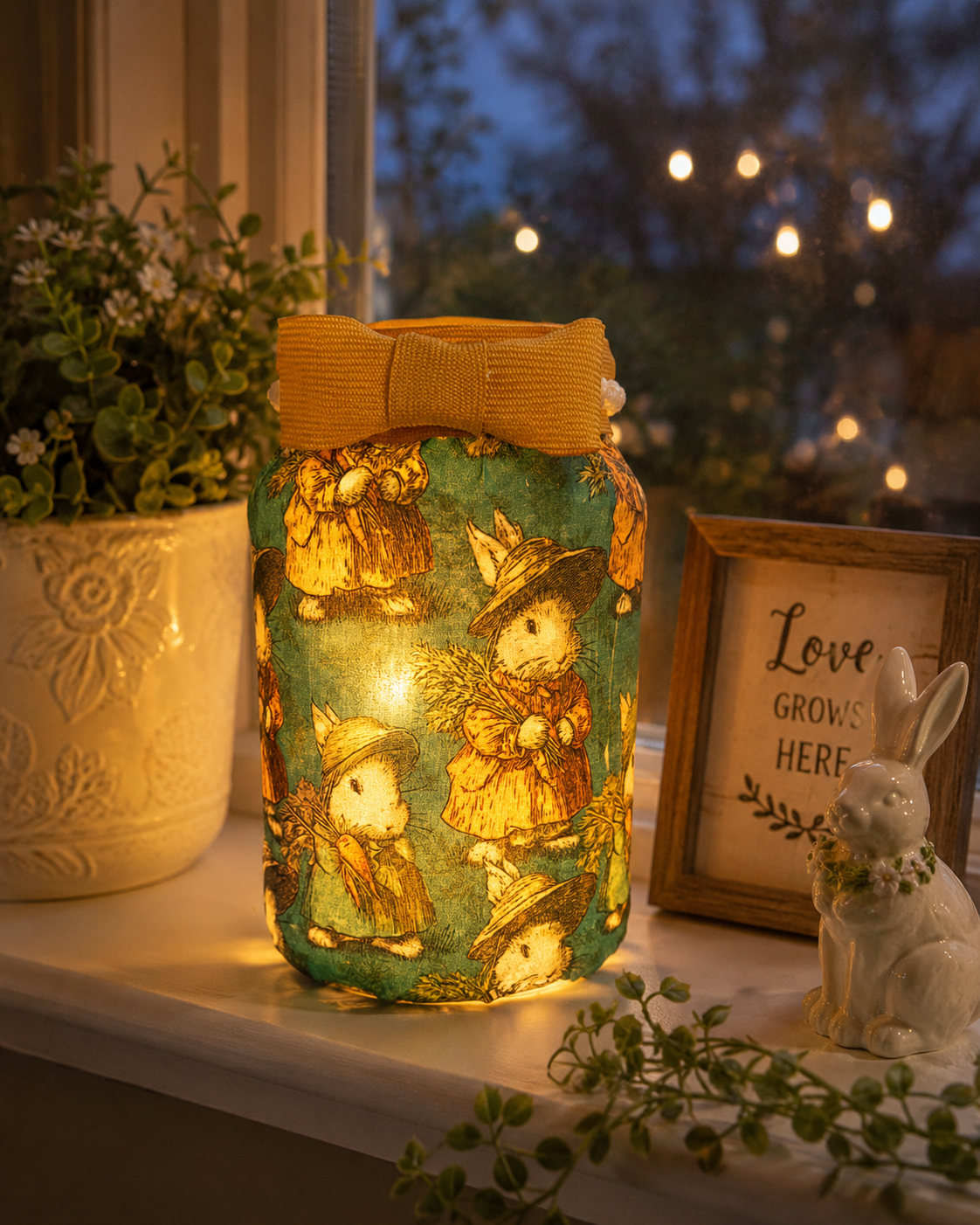 Decorative LED candleholder with bunny and mushroom pattern, yellow bow on top, placed on a windowsill with potted plant, framed sign reading 'Love Grows Here,' and ceramic bunny figurine, illuminated at dusk with outdoor lights in the background.