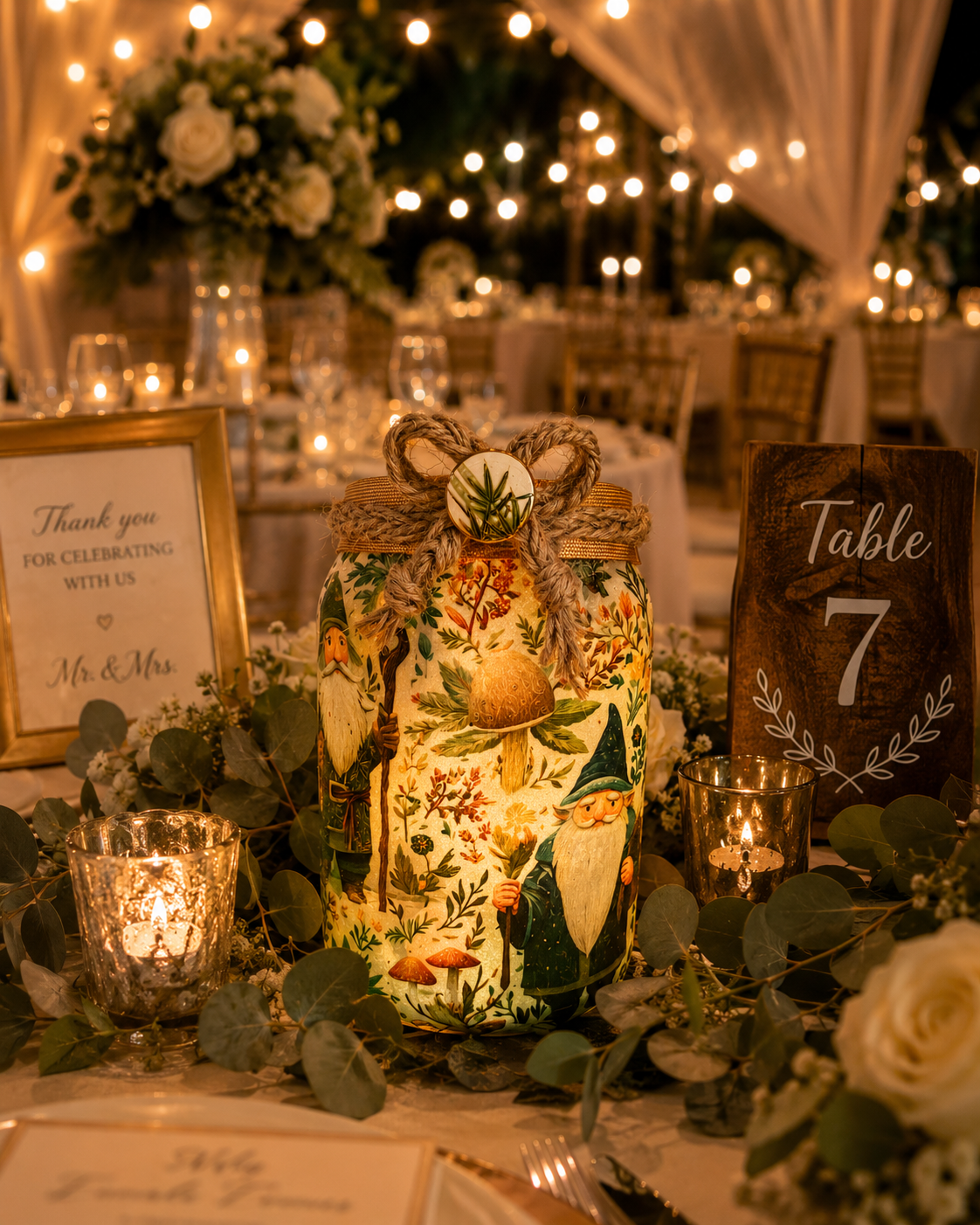 Decorated wedding reception table with a whimsical fairy or gnome-themed centerpieces, candles, floral arrangements, and a wooden table sign indicating "Table 7" in warm, ambient lighting.