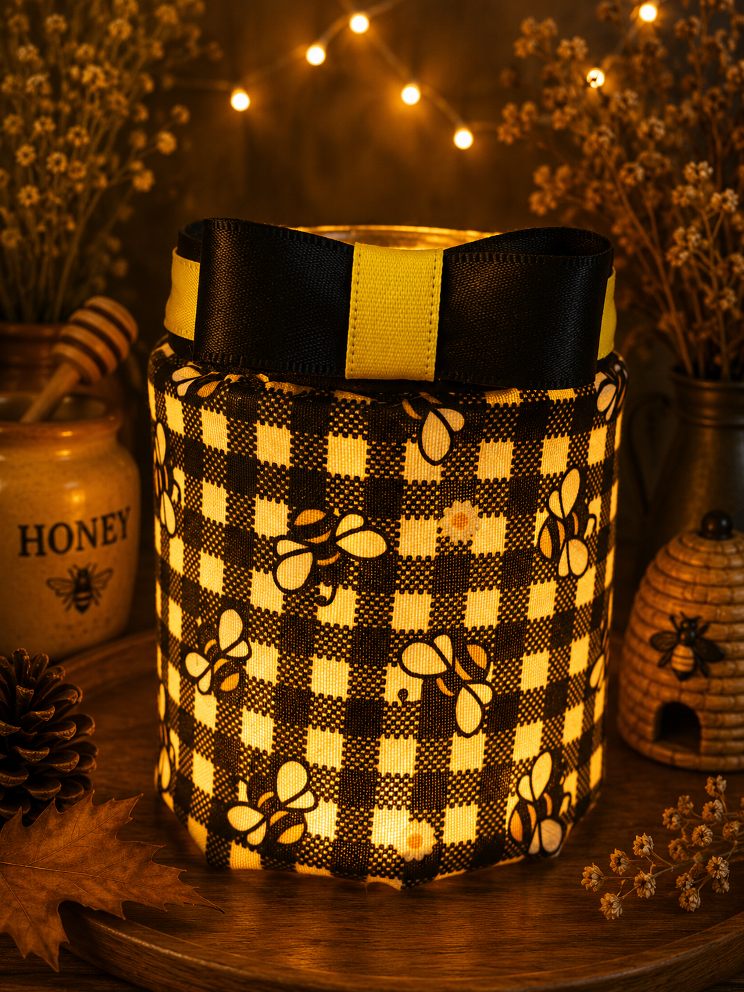 Black Gingham Bumble Bees Flameless Candleholder Small Round