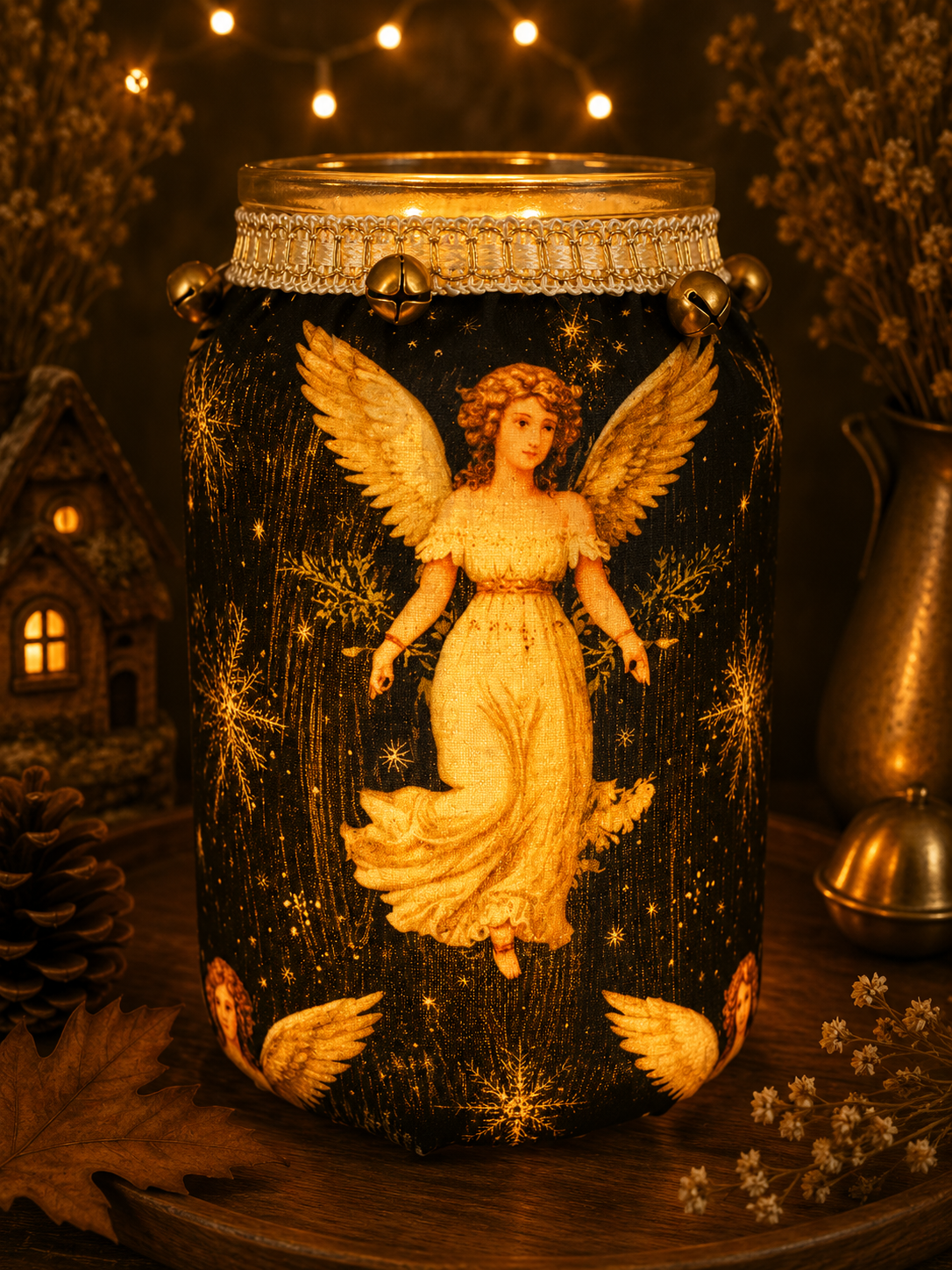 Golden Angels in a Winter's Night Sky Flameless Candleholder Large