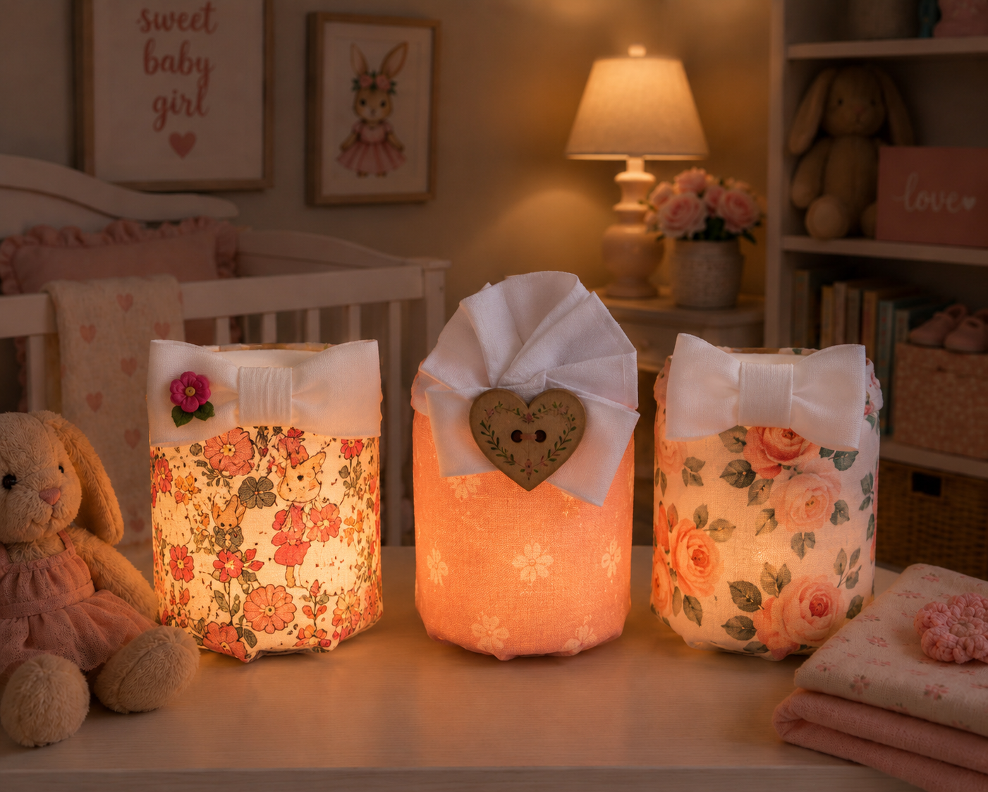 Three decorative tissue paper lanterns with fabric bows and floral patterns glow softly on a nursery changing table, with a plush bunny, folded blankets, and nursery decor including wall art and a lamp in the background.