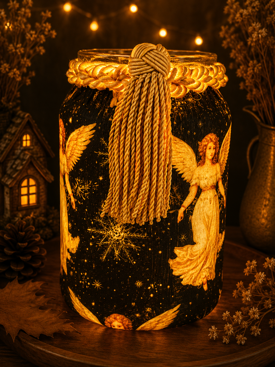Golden Angels in a Winter's Night Sky Flameless Candleholder Large