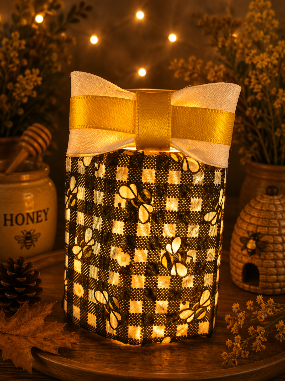 Black Gingham Bumble Bees Flameless Candleholder Small Hexagonal