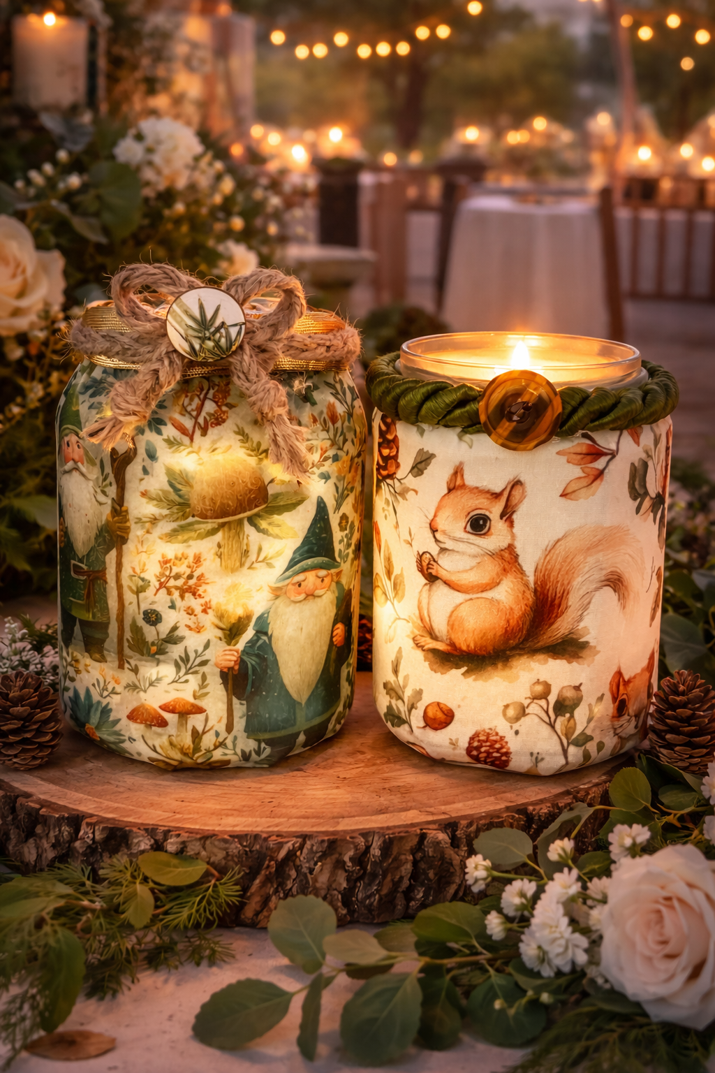 Decorative candles with woodland creatures and gnome illustrations, lit in a rustic outdoor setting with string lights and flowers.