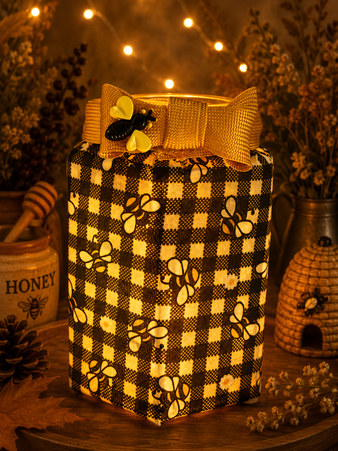 Black Gingham Bumble Bees Flameless Candleholder Medium Hexagonal