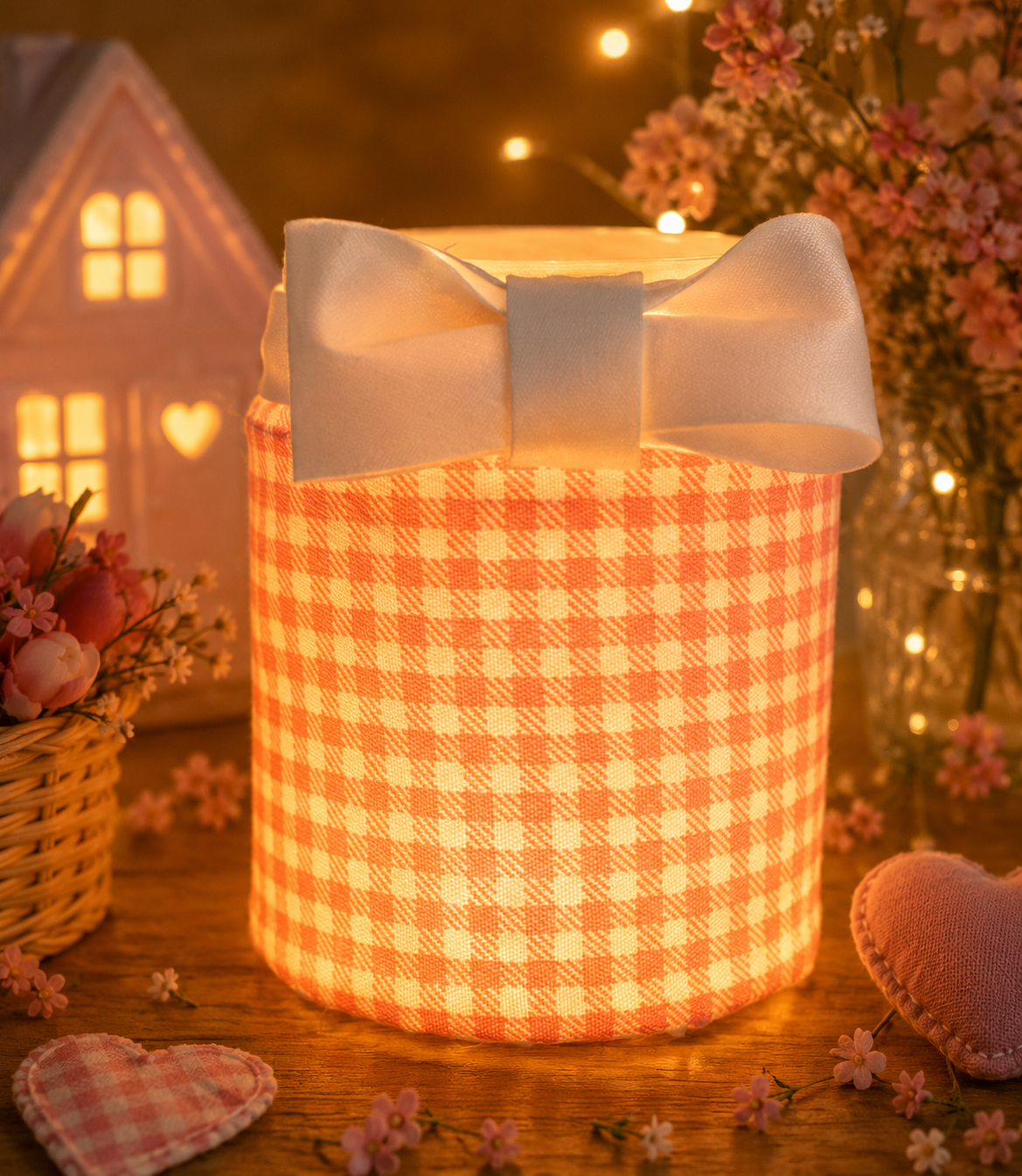 Pink Gingham Flameless Candleholder Small Round