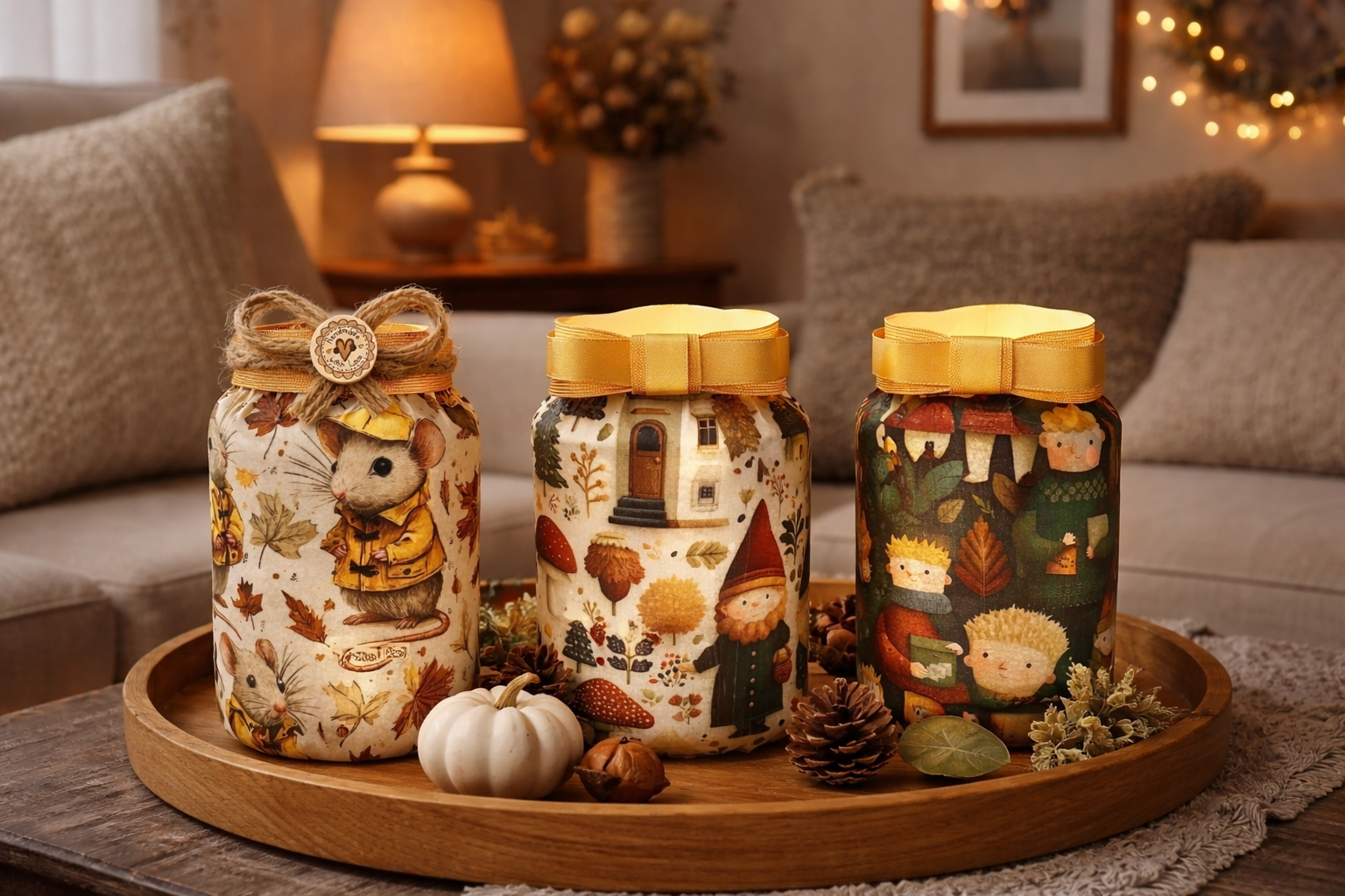 Three decorative jars with fall and harvest-themed designs on a wooden tray, surrounded by a small white pumpkin, pinecones, and leaves, in a cozy living room setting with cushions, a lamp, and warm lighting.
