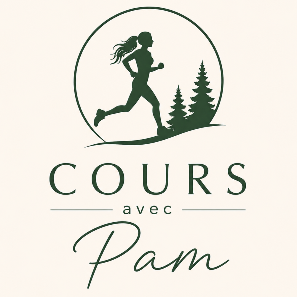 Logo montrant une femme en course, avec des arbres derrière elle, et le texte 'Cours avec Pam'.