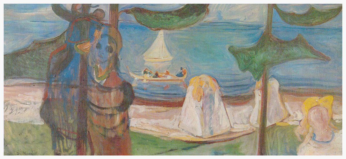 A colorful, impressionistic painting of a landscape with trees, a small boat on a body of water, and a large rock or iceberg. There are also two blonde women with elaborate hairstyles in the foreground, one on each side.