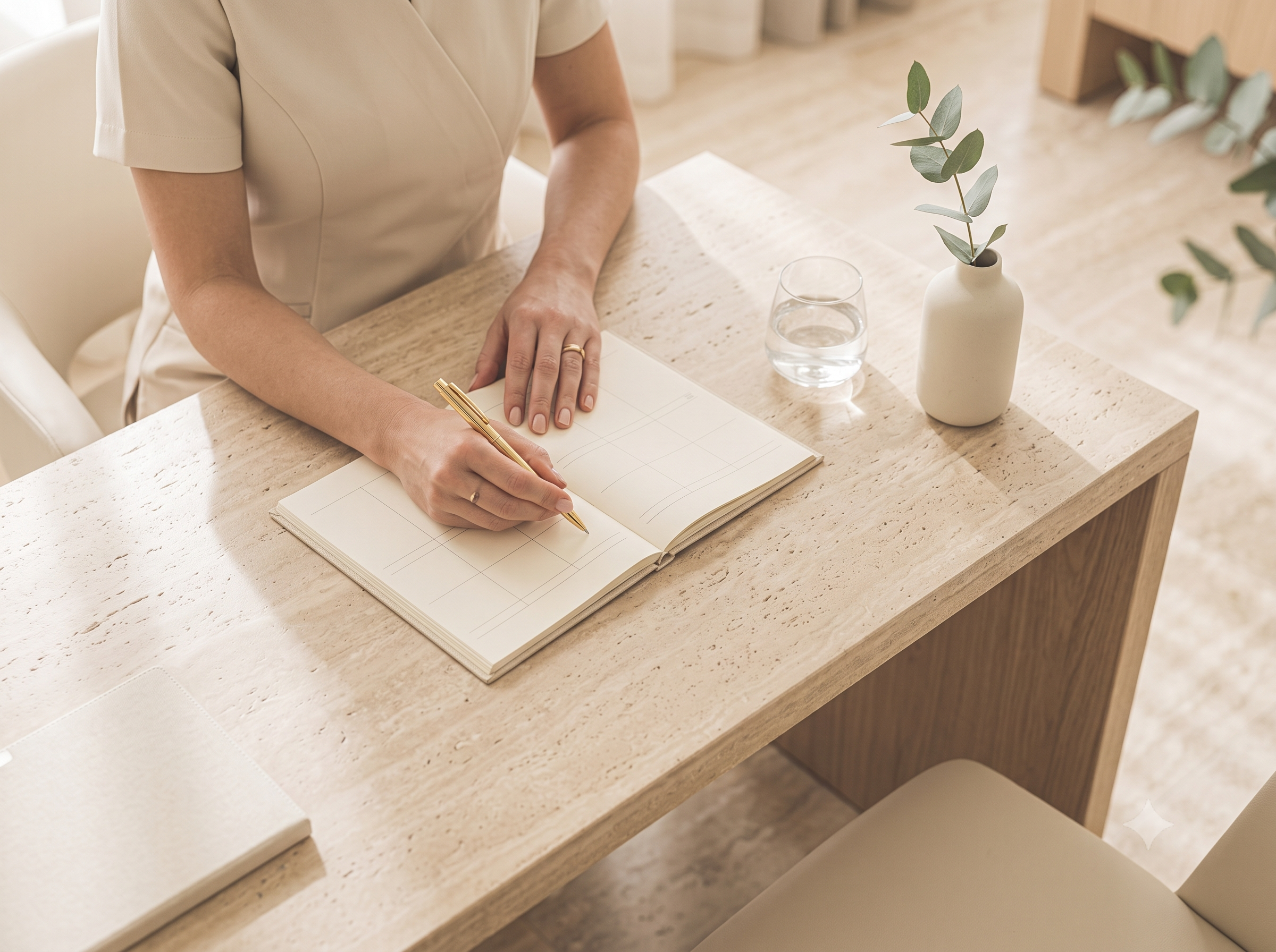 A person in a cream-colored uniform is sitting at a beige marble counter, writing in a planner with a gold pen. There is a small white vase with eucalyptus branches and a glass of water on the counter.