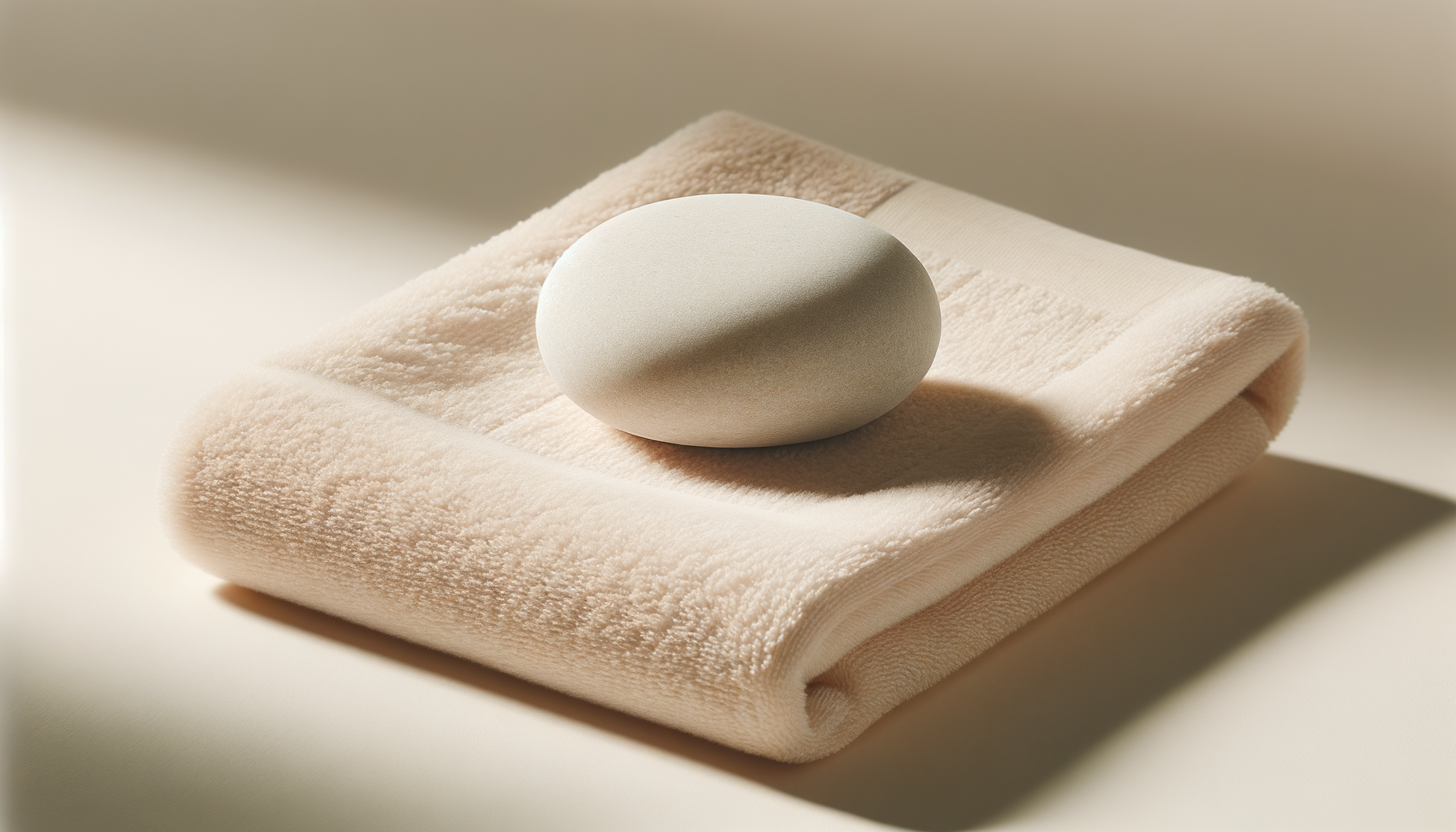 A smooth, oval, white stone resting on a neatly folded beige towel.