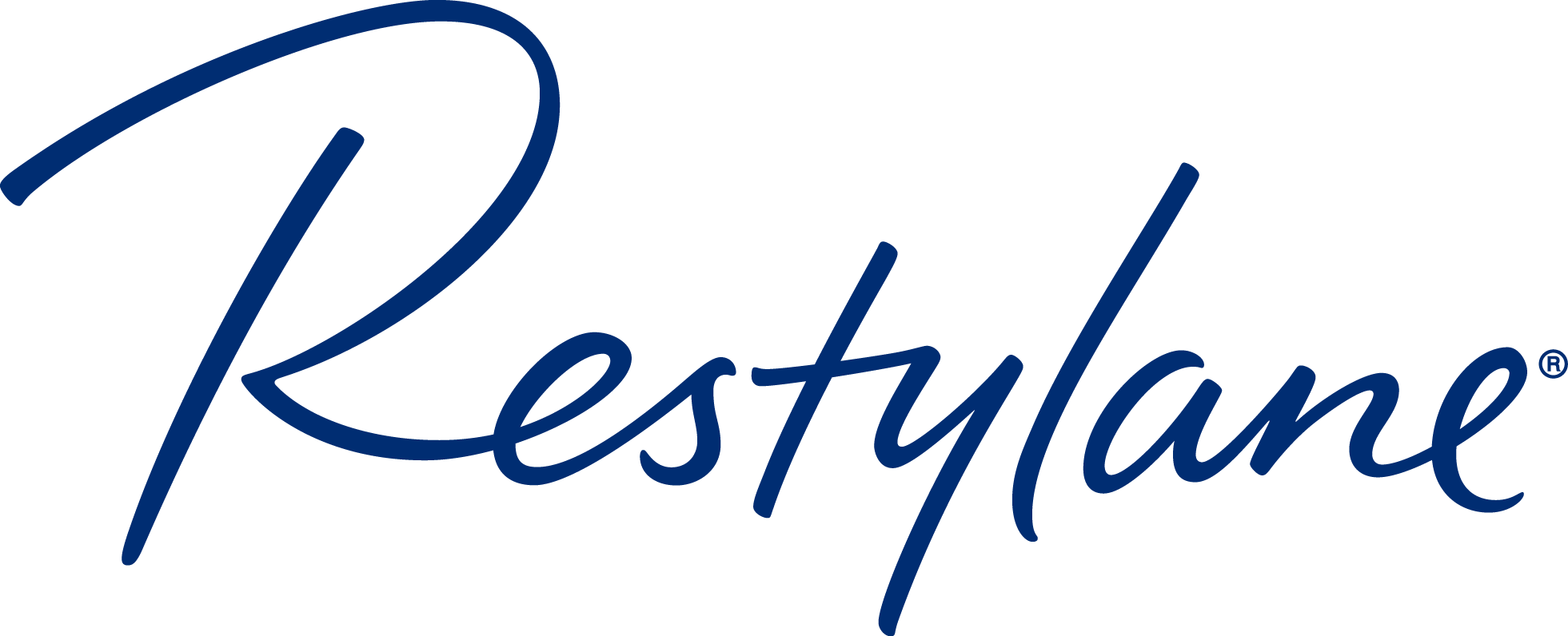 The Restylane logo in dark blue cursive font on a transparent background.
