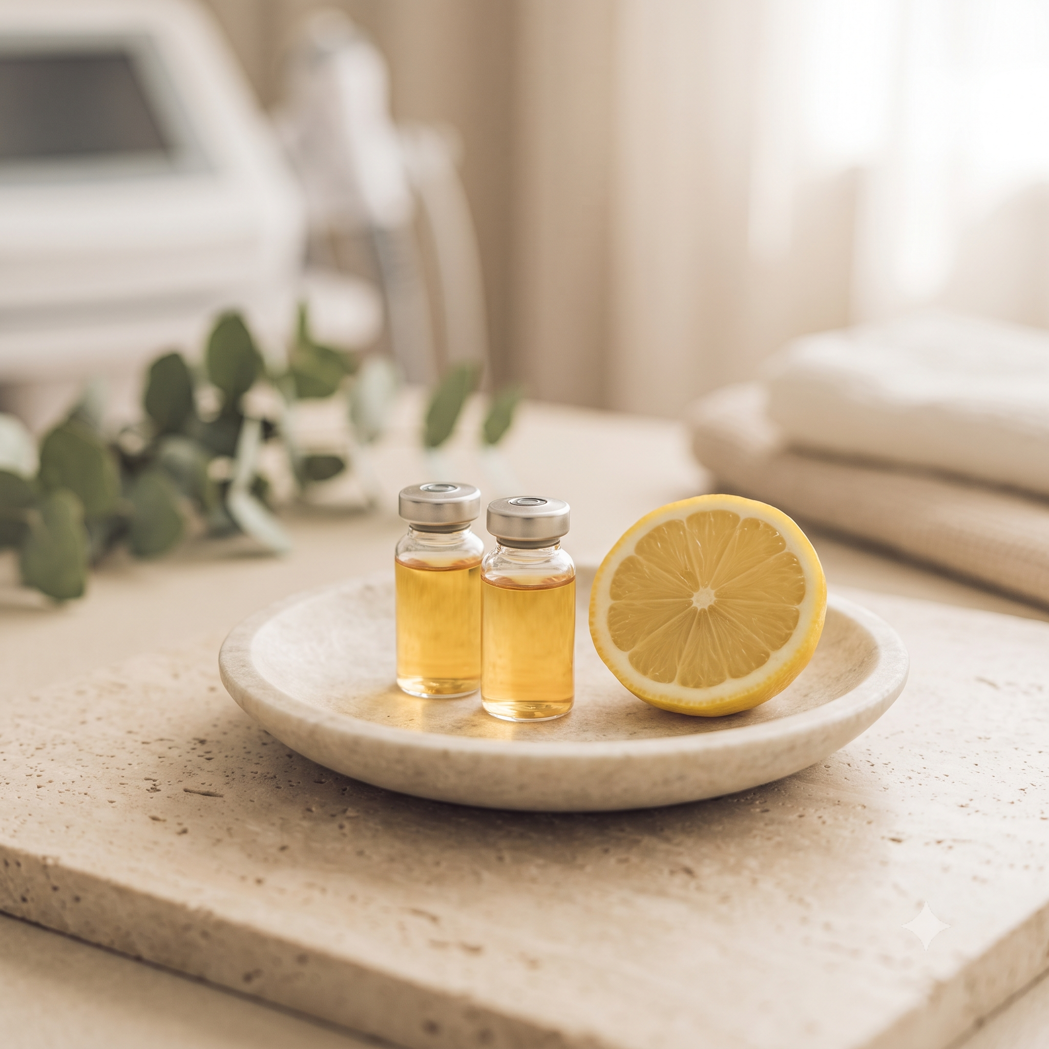Close-up of three small glass vials with yellow liquid, labeled as vaccines, on a white surface with a sliced lemon and blurred background with leaves.