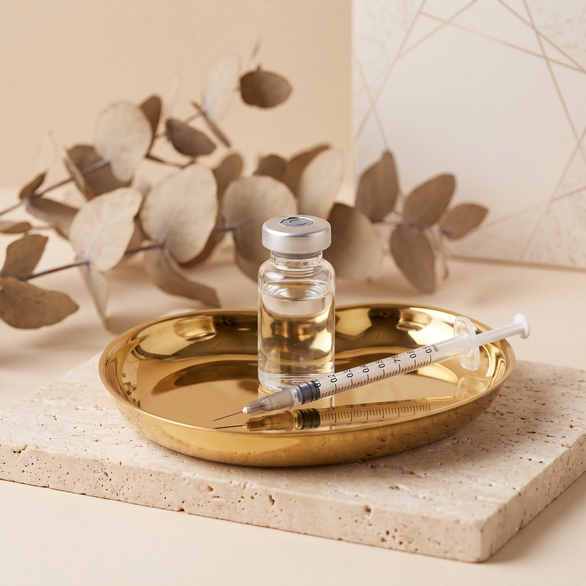 Vial and syringe for injectable treatment on a gold tray at North Glow Aesthetics, a home-based aesthetic clinic in Norden, Rochdale.