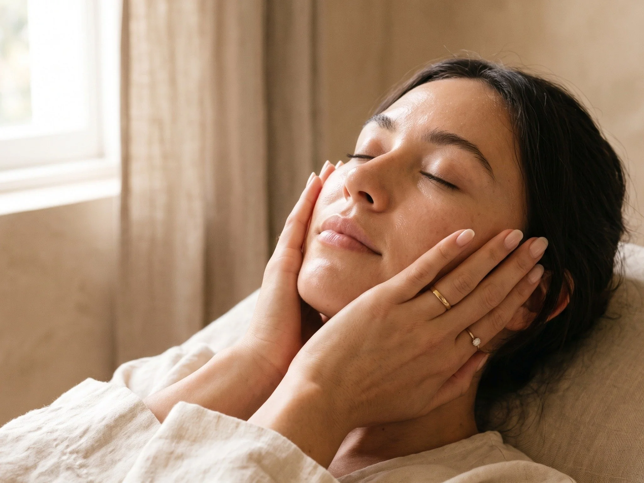 Woman relaxing with hands resting on her cheeks following skin booster treatment, showing hydrated glowing skin after mesotherapy skin booster treatment at North Glow Aesthetics