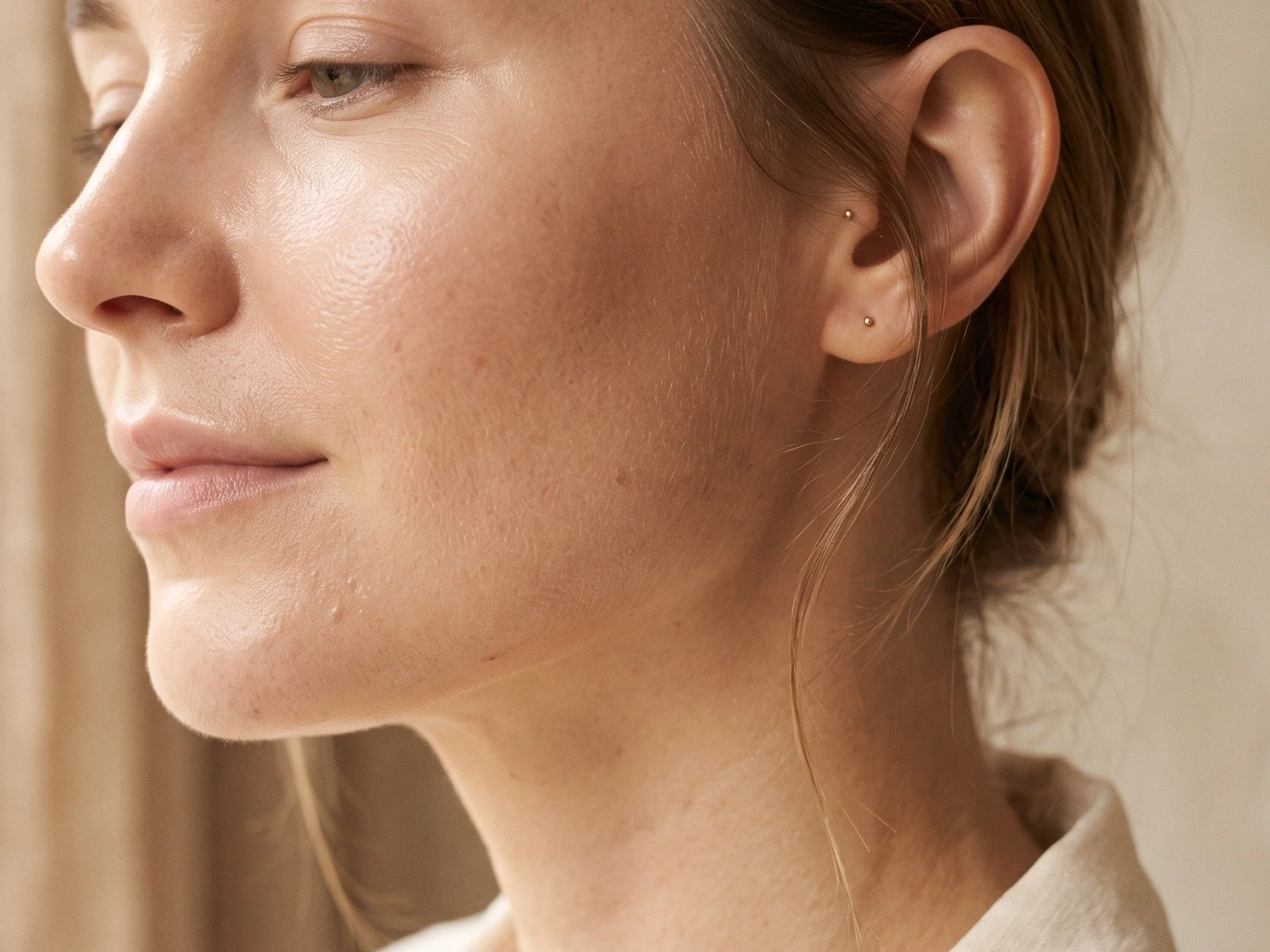 Side profile of a woman's cheek and jawline with firm, plump, radiant skin after polynucleotide skin regeneration treatment at North Glow Aesthetics