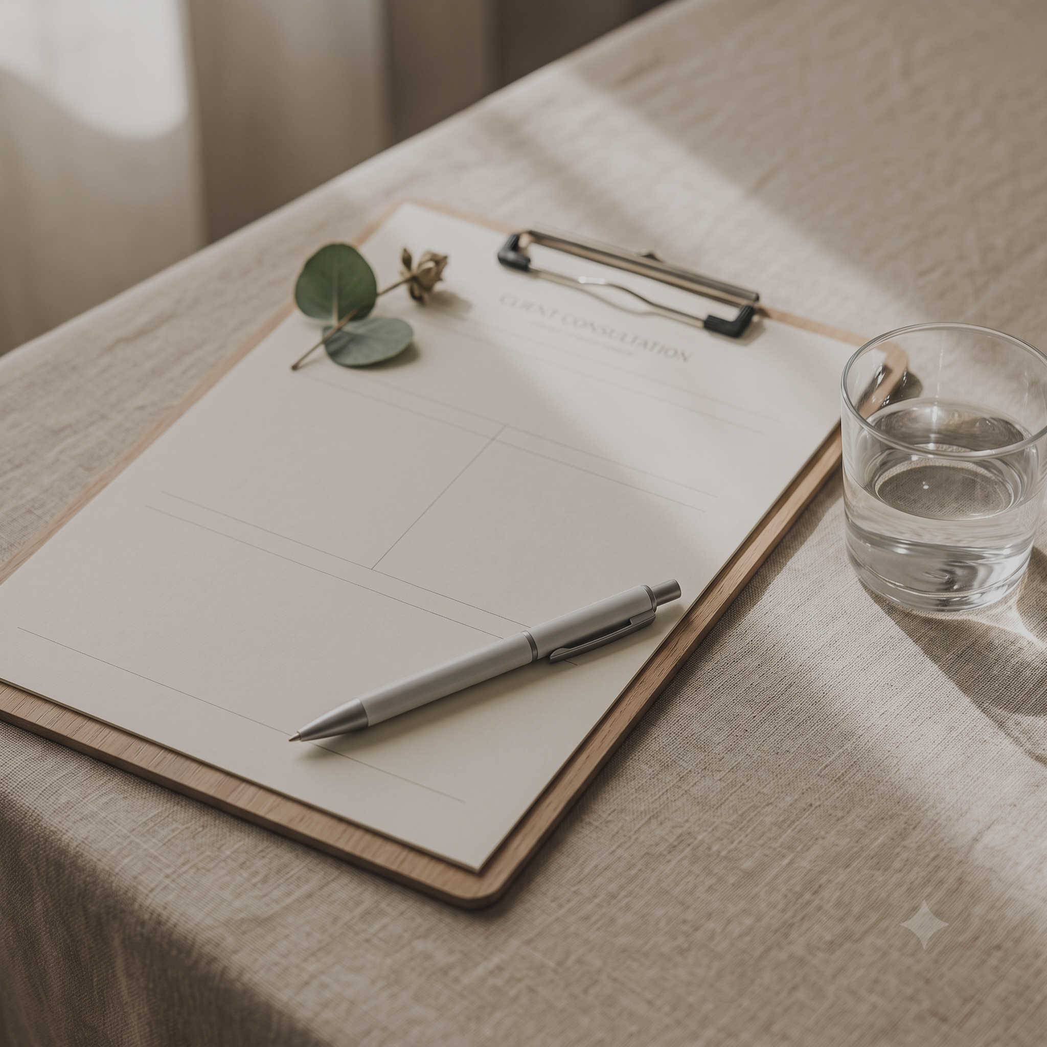 A clipboard with a checklist form, a sprig of eucalyptus, a gray marker, and a glass of water placed on a wooden tray on a textured beige table.