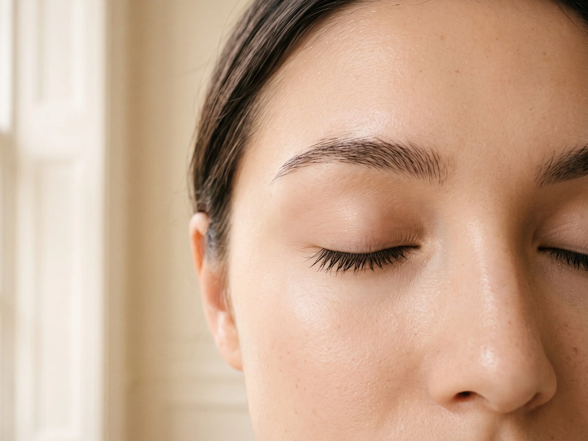 Close-up of a woman's closed eye with smooth, bright undereye skin following undereye rejuvenation treatment at North Glow Aesthetics