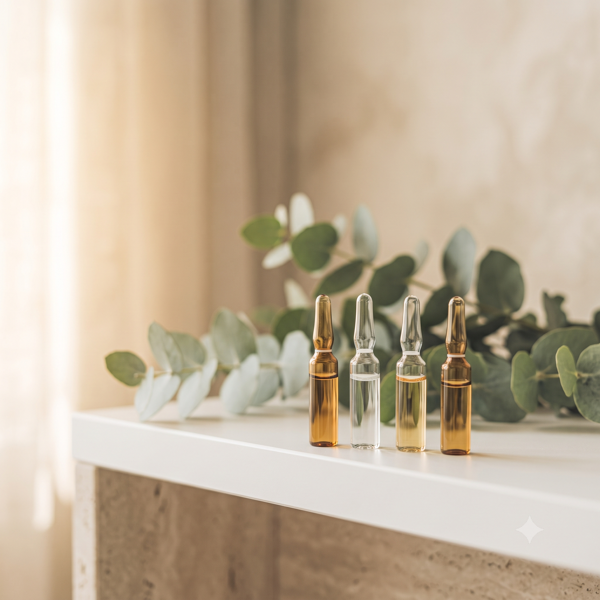 A row of glass ampoules containing various liquids placed on a white shelf with a green leafy plant in the background.