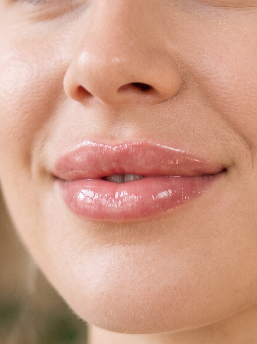 Close-up of naturally enhanced, glossy lips after dermal lip filler treatment at North Glow Aesthetics
