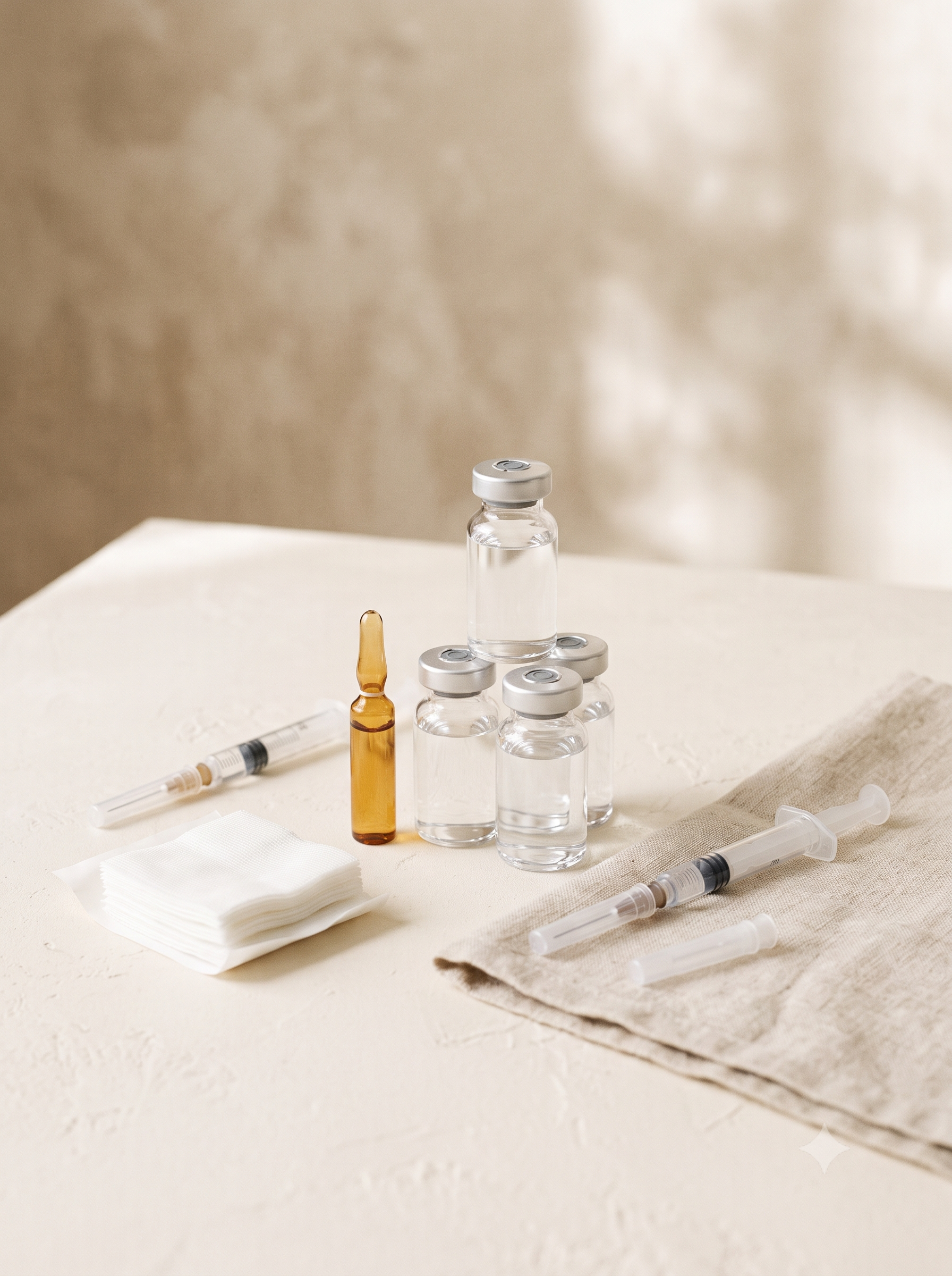 Vitamin injection vials, ampoule and syringes laid out on a clinic table for B12 and biotin treatments at North Glow Aesthetics