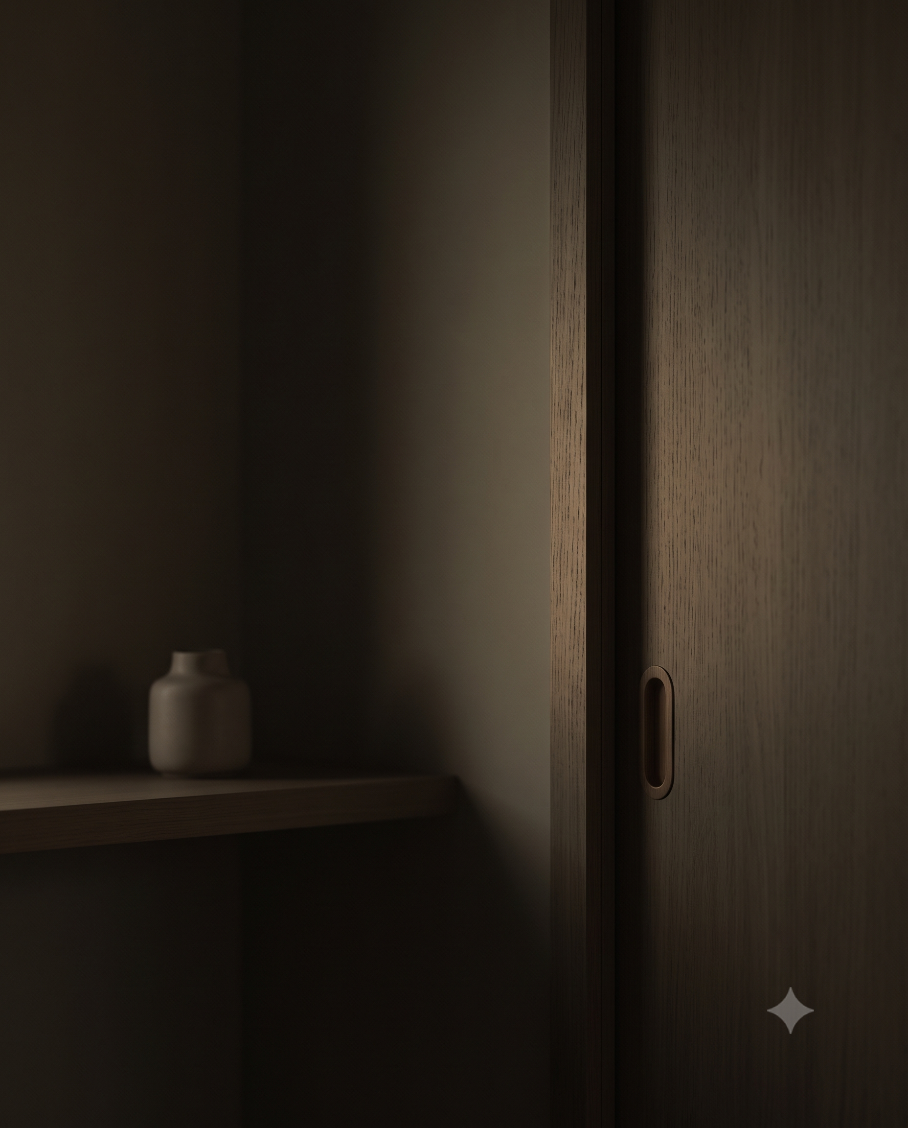 Close-up of a wooden door with a round cut-out handle, partially open, revealing a dark interior space with a small white vase on a shelf inside.