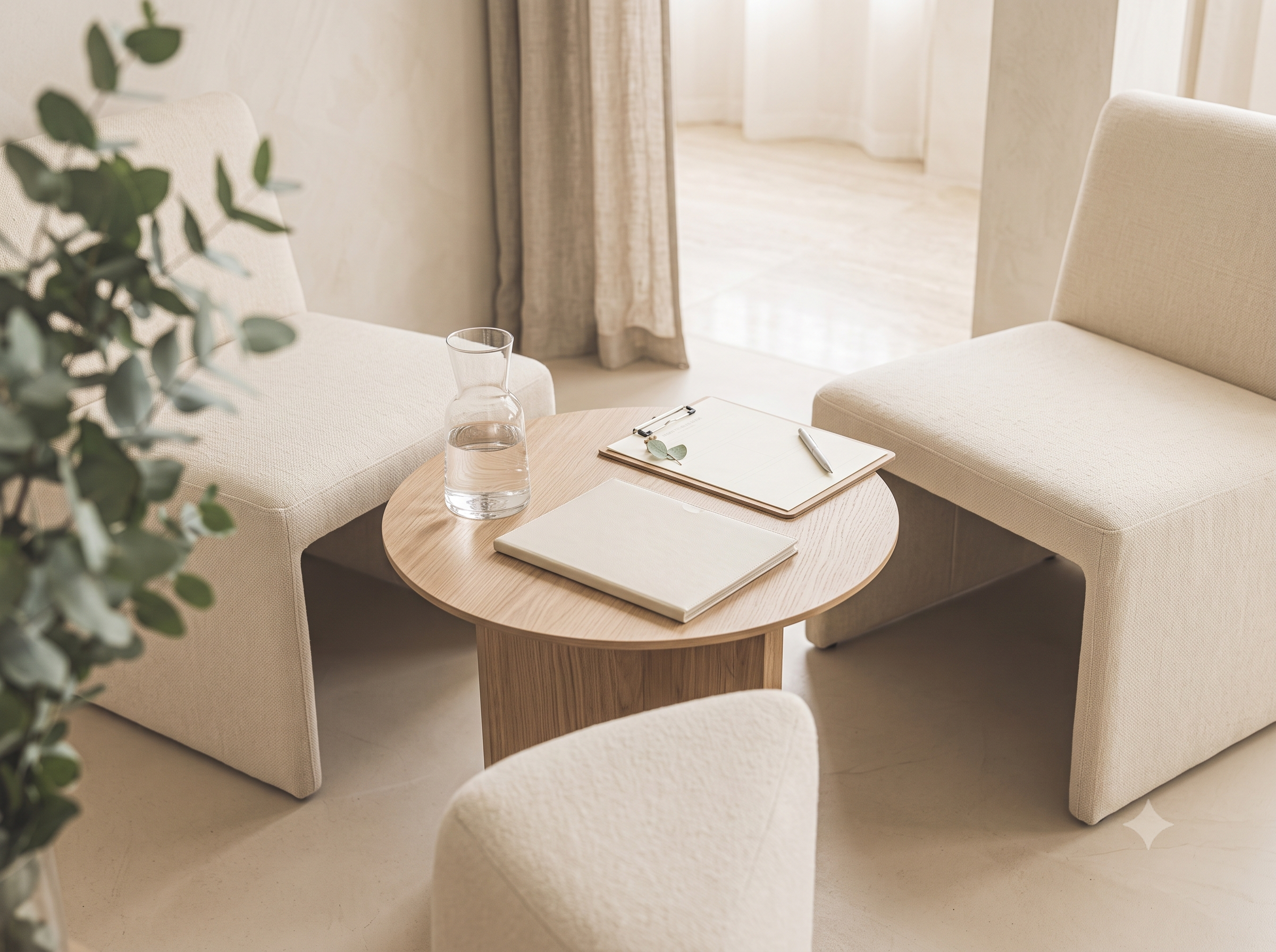A cozy sitting area with cream-colored upholstered chairs, a round wooden table holding a glass pitcher and a notepad, with curtains and sunlight in the background.