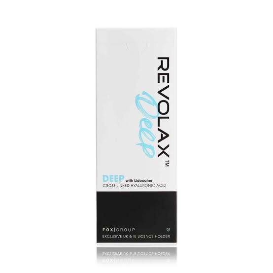 RevolaX Deep leaflet, a skincare product with Lidocaine, cross-linked hyaluronic acid, and licensed for the UK and EU.