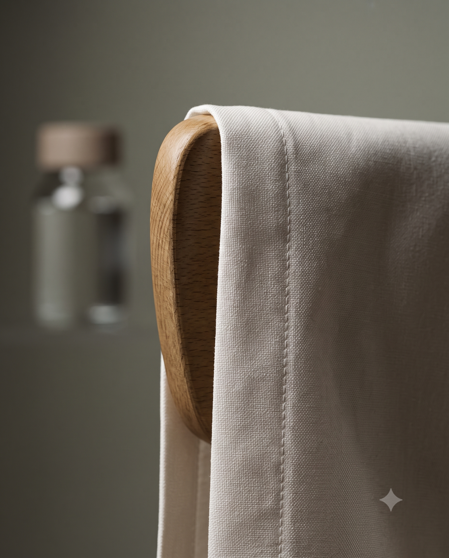 Close-up of white fabric curtains on a wooden curtain rod, with a blurred background featuring a lamp.