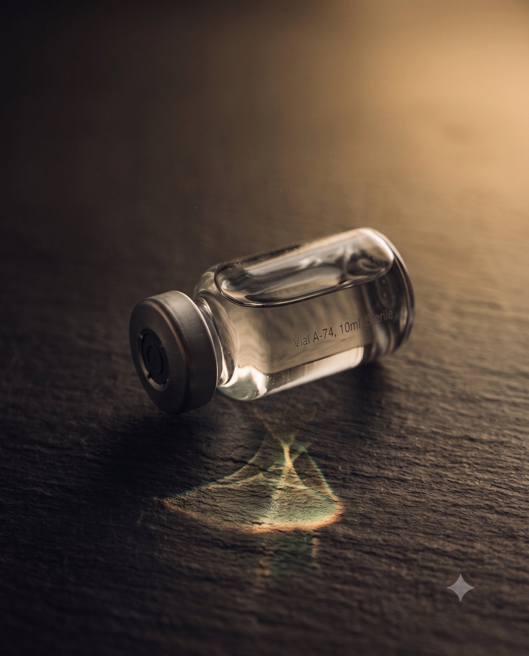 A small glass vial lying on a textured dark surface, with light reflecting off it creating colorful visual effects and a star-like spark below.
