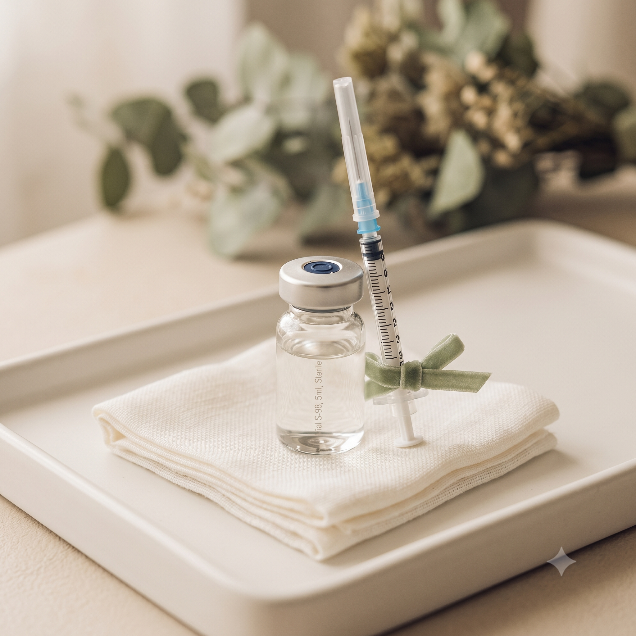 A syringe with a blue cap inserted into a clear glass vial, placed on a white cloth with a stack of beige towels, all on a white tray.