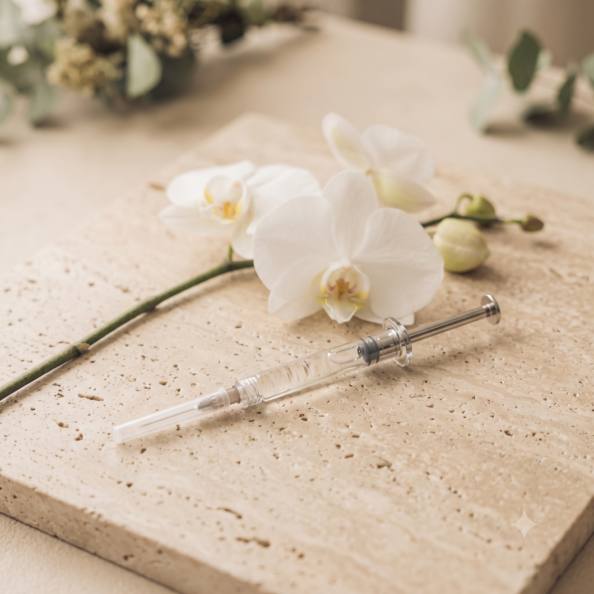 A close-up of a white orchid flower lying on a speckled beige countertop with a syringe placed beside it. In the background, there are blurred floral arrangements with green leaves.