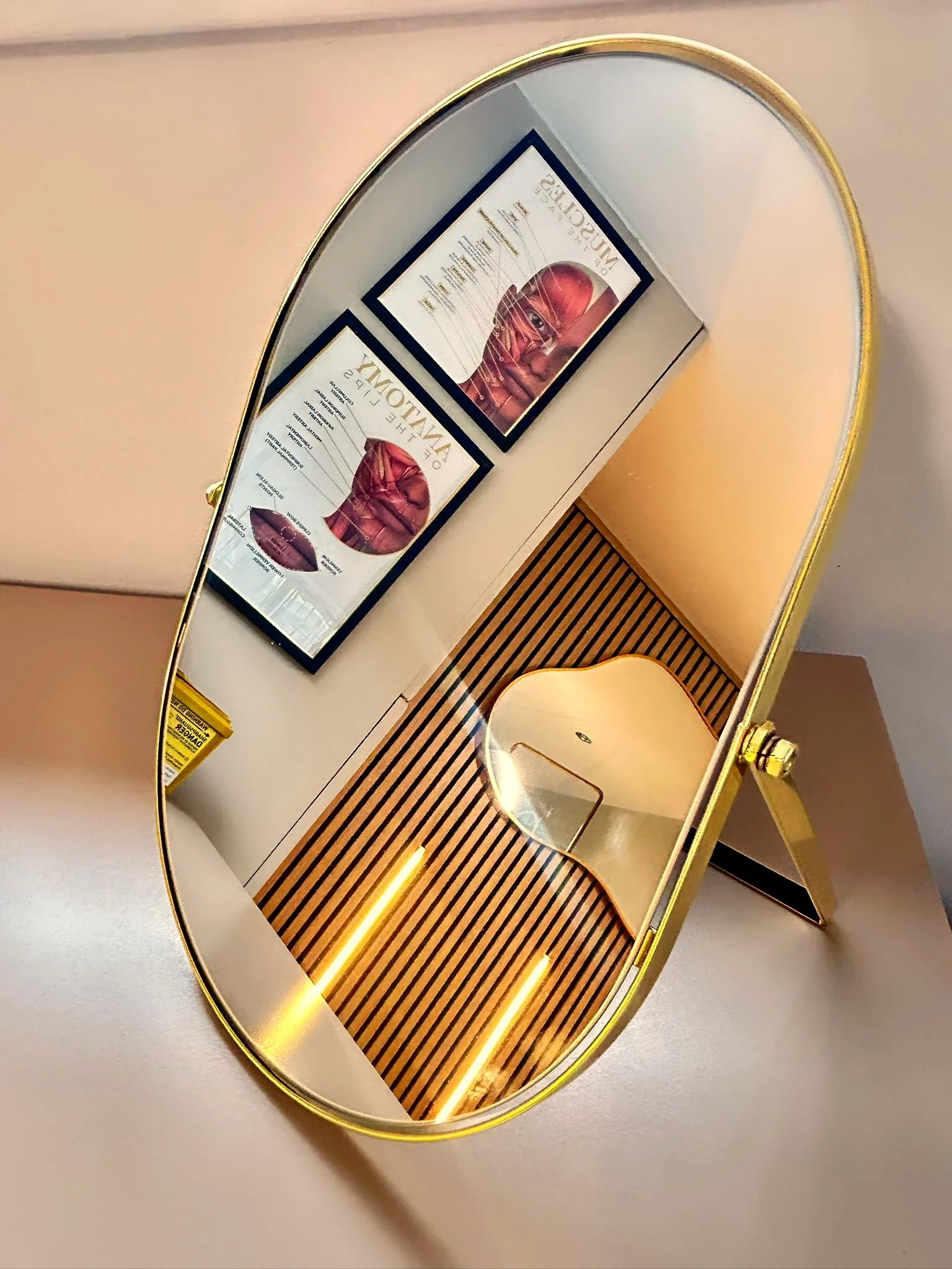 Facial muscle and lip anatomy posters reflected in an oval mirror at North Glow Aesthetics, alongside a clinical sharps disposal bin, Norden, Rochdale.