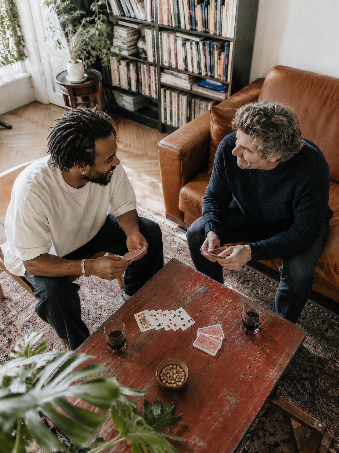 Zwei Menschen sitzen im Wohnzimmer und spielen ein Kartenspiel.