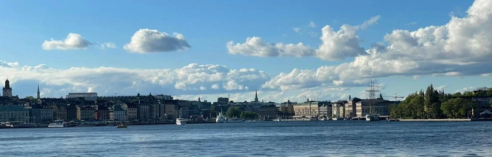 Vanaf het water kijk je naar de Stockholm skyline op een mooie dag met heldere lucht en wolkjes.