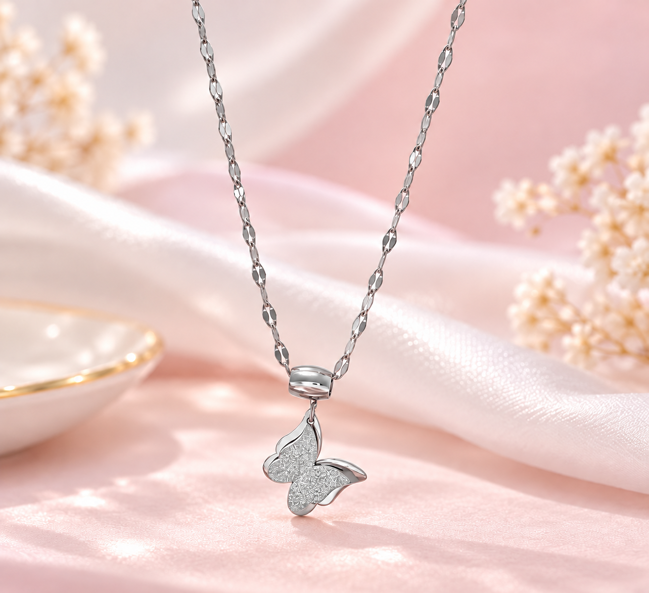 Silver Butterfly Necklace on Dreamy Pink Satin.png