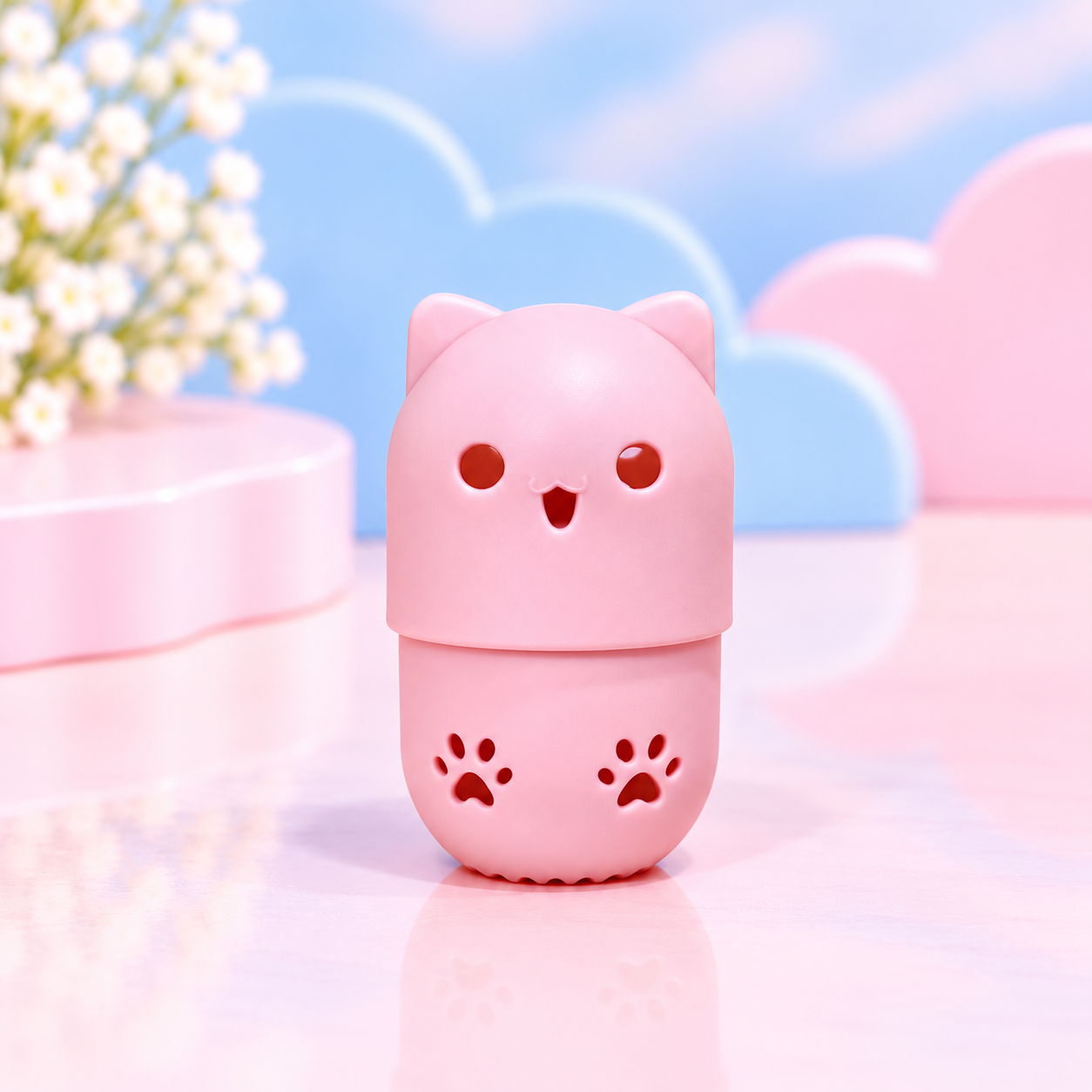 Kawaii Pink Cat Capsule on Pastel Clouds.png