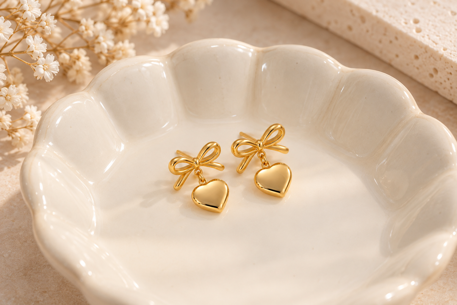 Gold Bow & Heart Drop Earrings