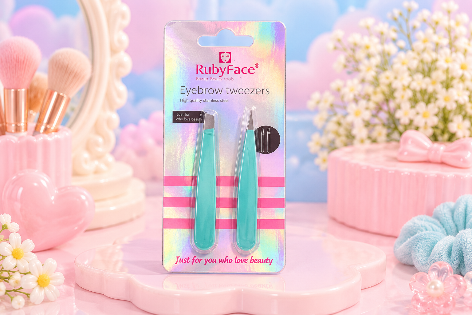 Kawaii Teal Eyebrow Tweezers Beauty Set.png