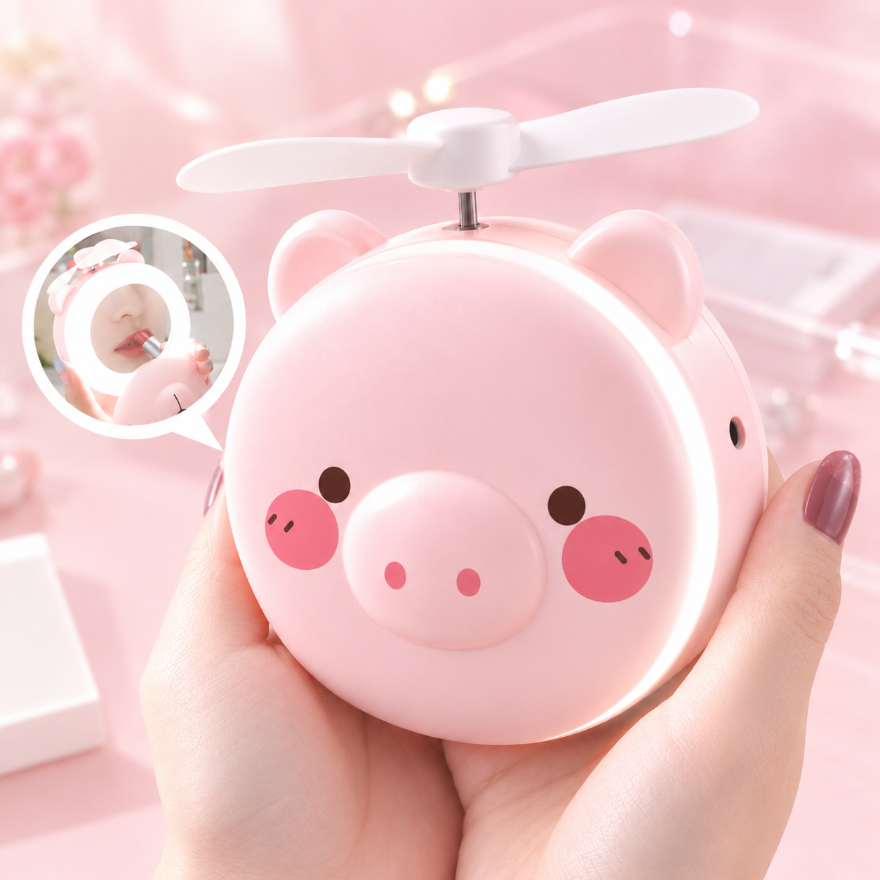 Kawaii Animal Mini Fan with Light-Up Mirror