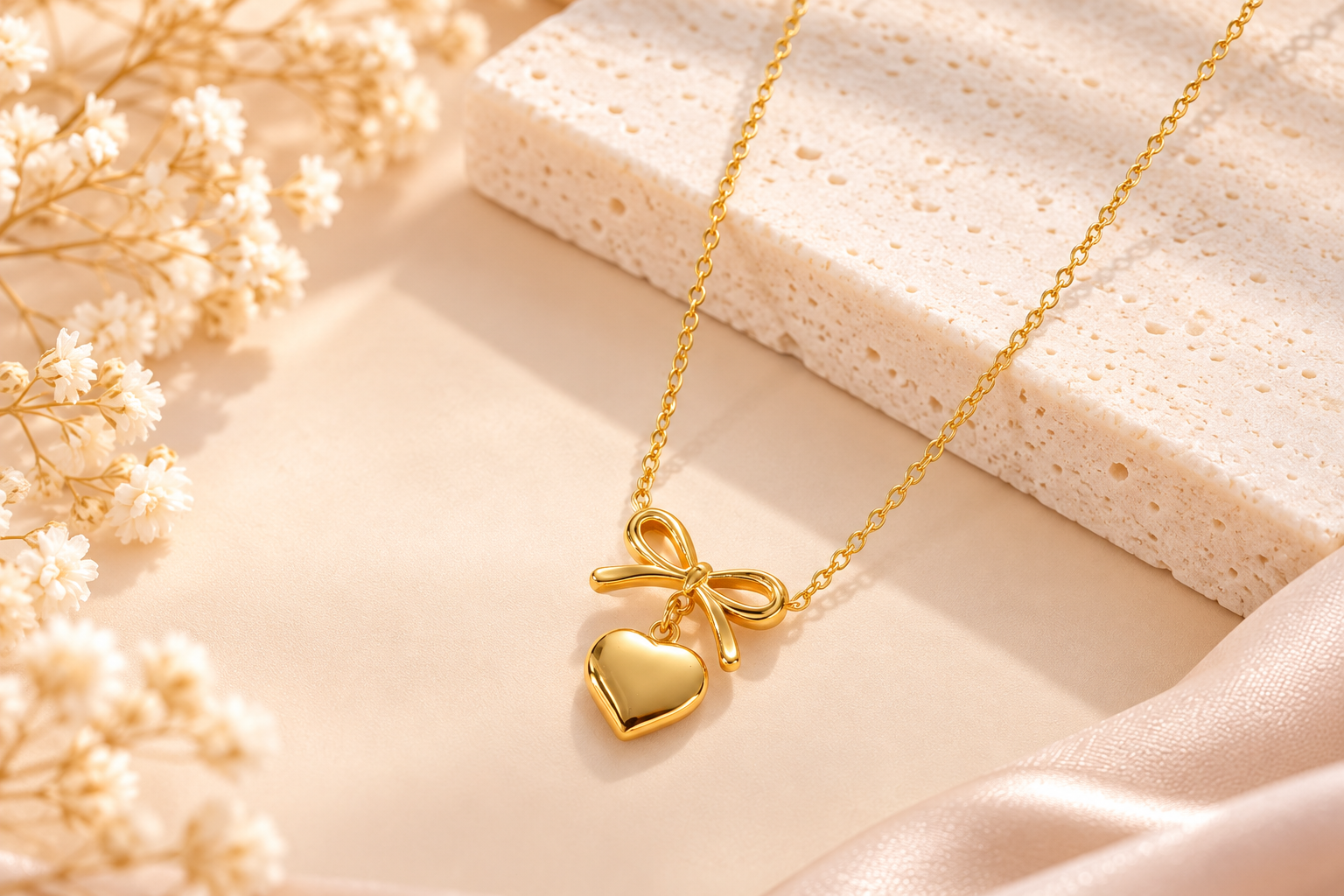 Gold Bow & Heart Necklace