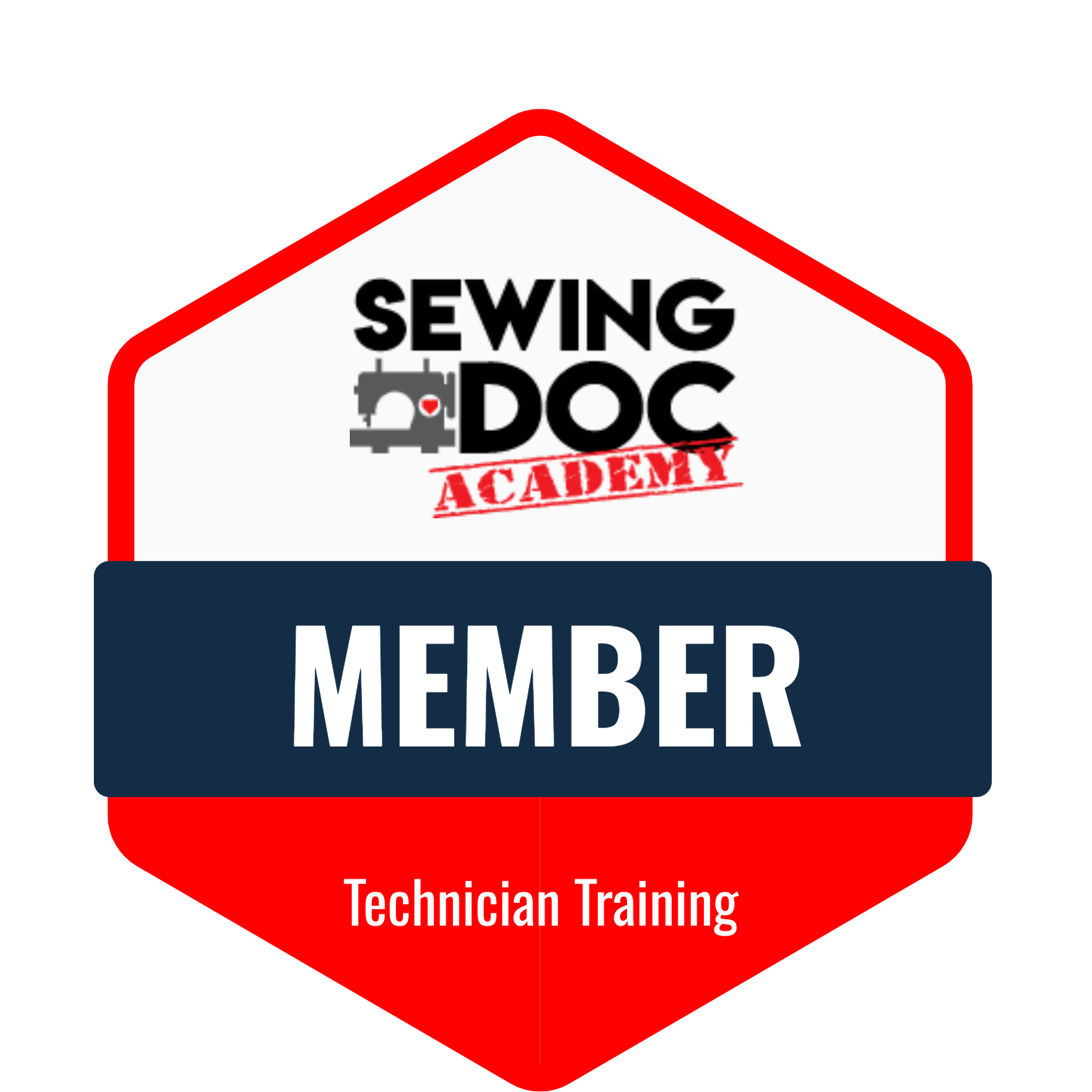 Membership badge for Sewing Doc Academy Technician Training with a sewing machine icon.
