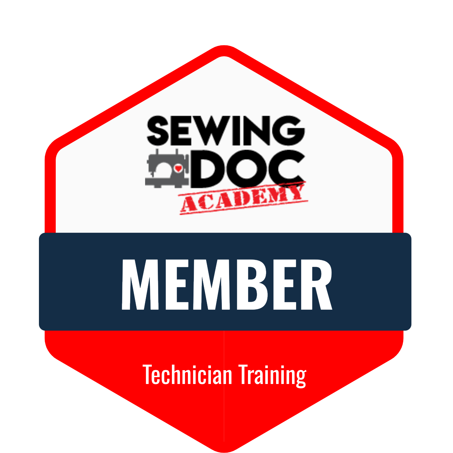 A badge indicating a member of the Sewing Doc Academy for technician training.