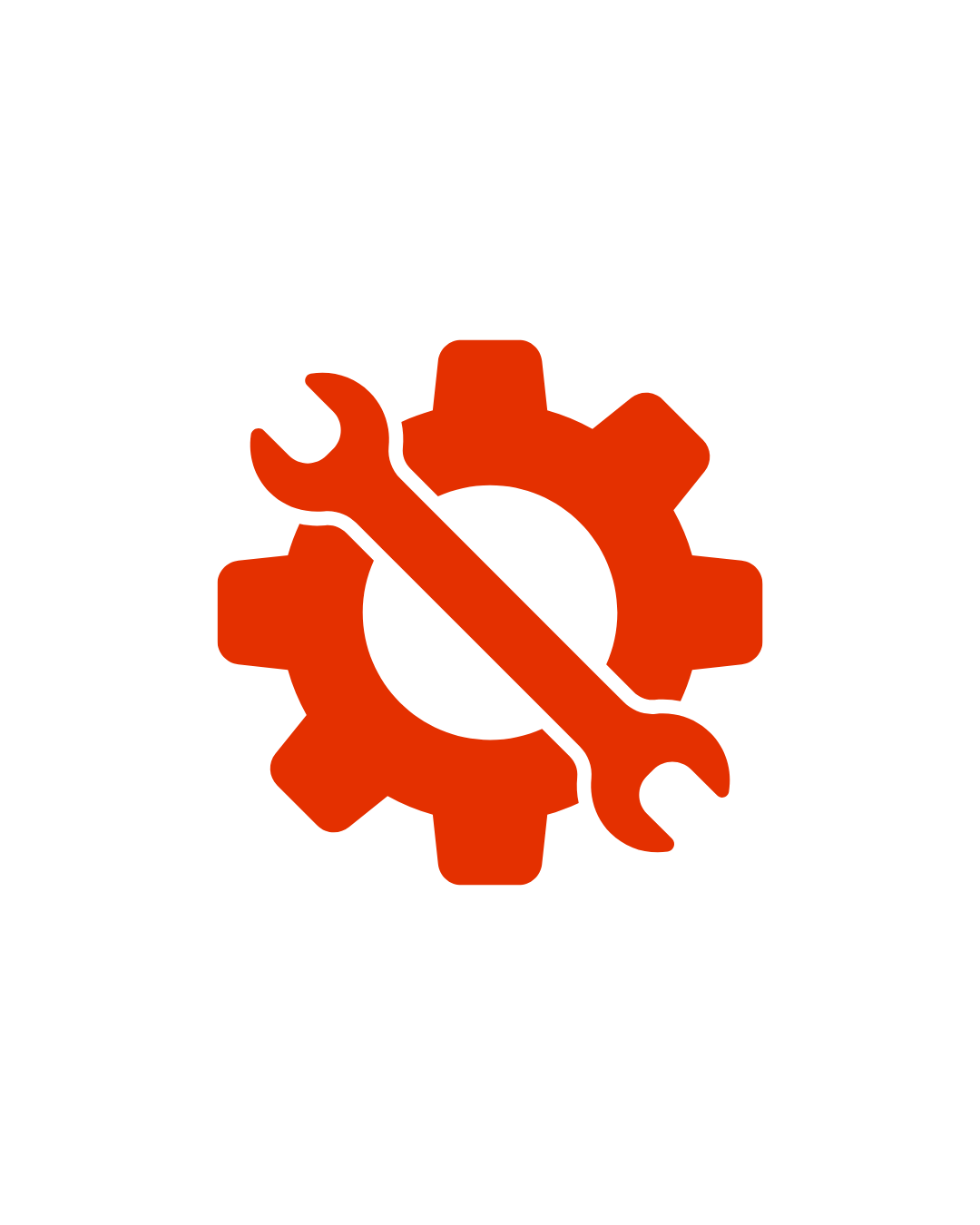 Symbol eines Zahnrads mit einem Schraubenschlüssel darüber, Grün- und Orangefarben, auf weißem Hintergrund.